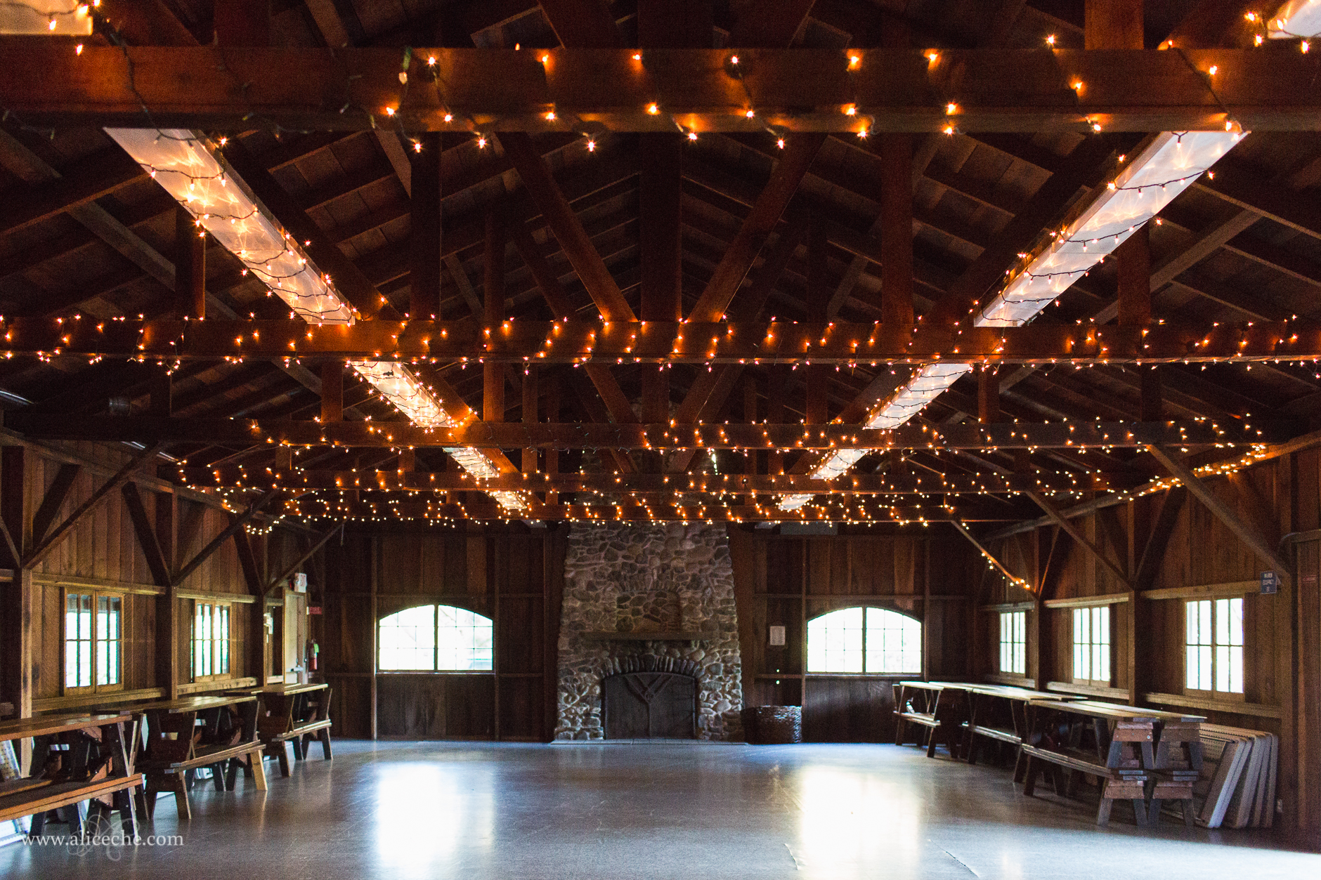 OVY Camp + Event Center Wedding Reception with Twinkle Lights in Rafters