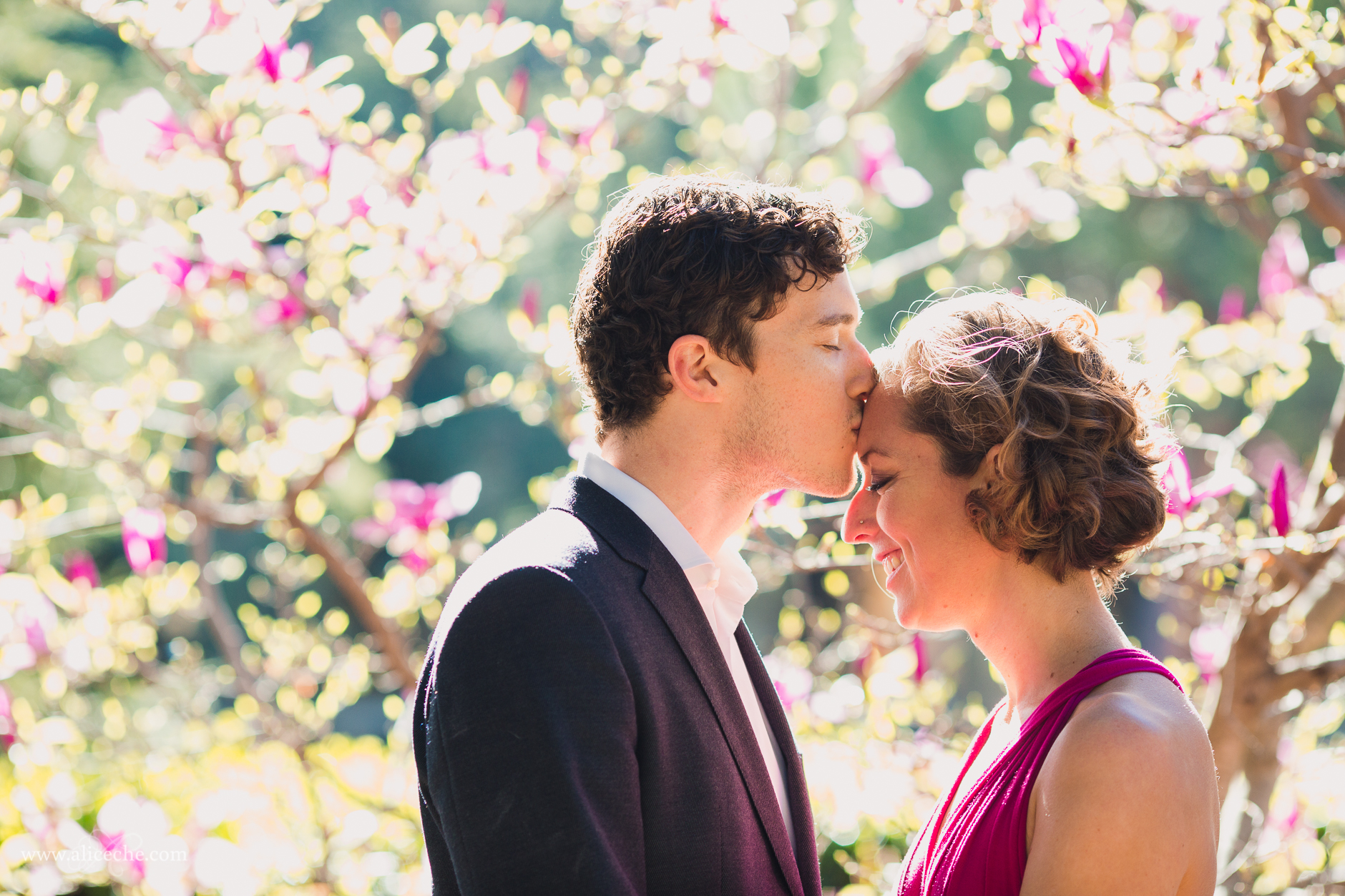 alice-che-photography-palo-alto-anniversary-session-husband-kissing-wife-on-forehead-flower-backdrop