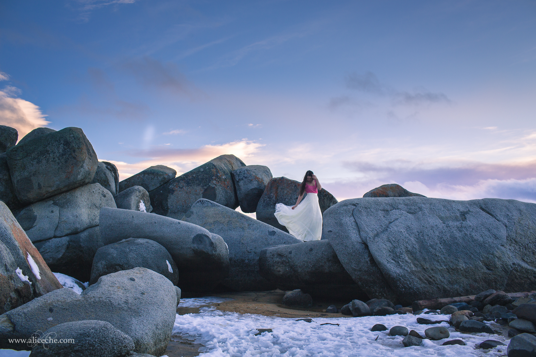 alice-che-photography-lake-tahoe-self-portrait-sunset-dancing-on-rocks-in-tulle-skirt-snow