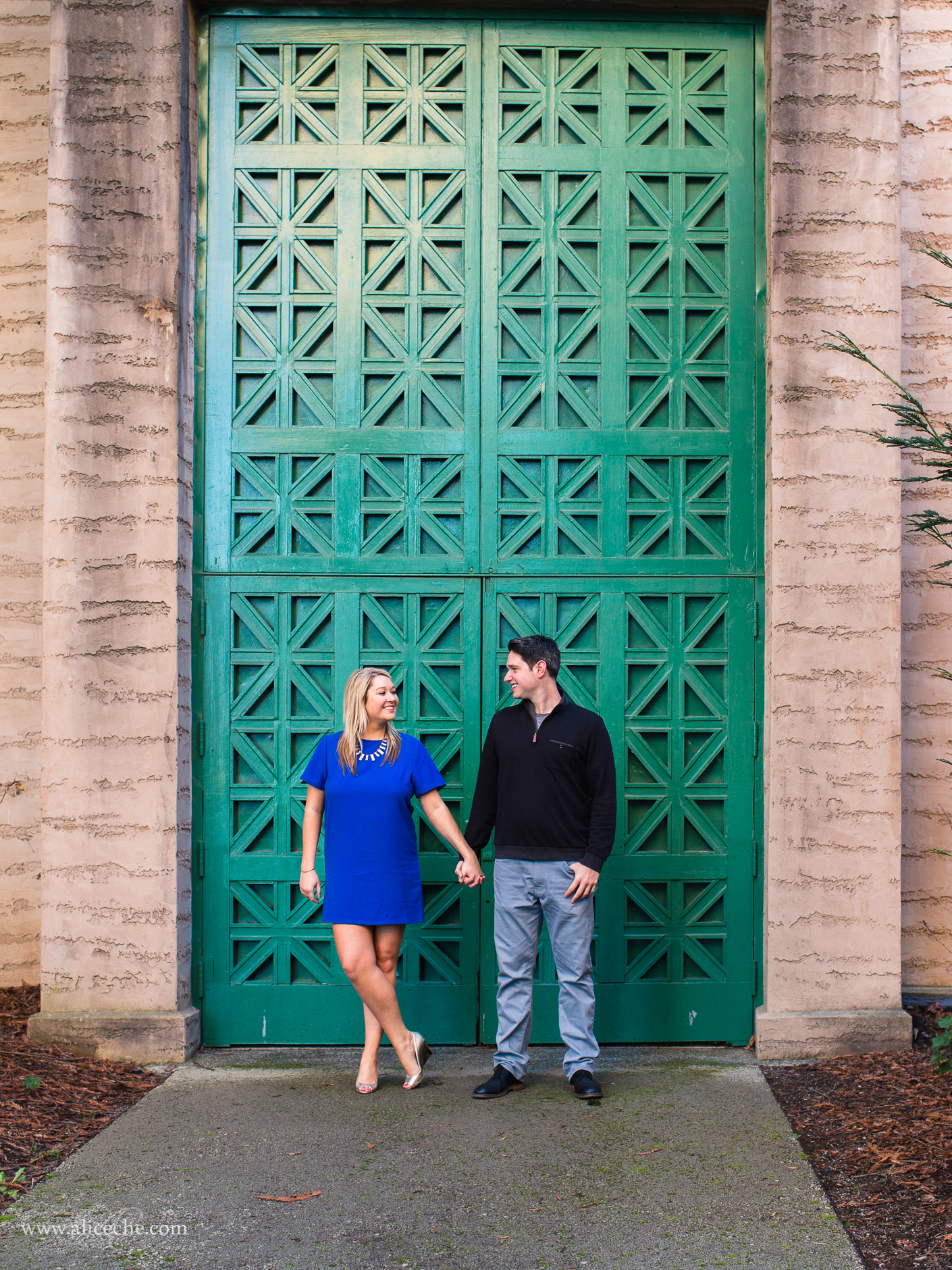 alice-che-photography-san-francisco-engagement-shoot-palace-of-fine-arts-green-door-couple-looking-at-each-other
