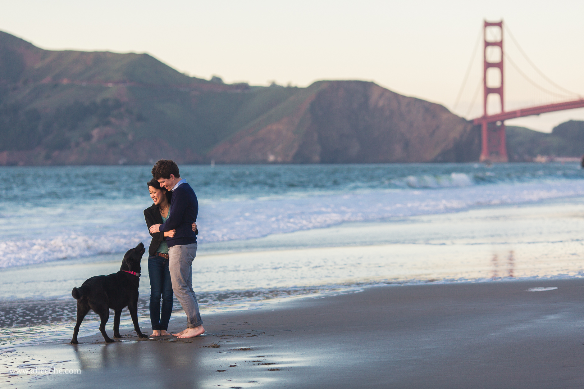 alice-che-photography-couple-on-beach-with-dog-san-francisco-engagement-golden-gate-bridge-in-background
