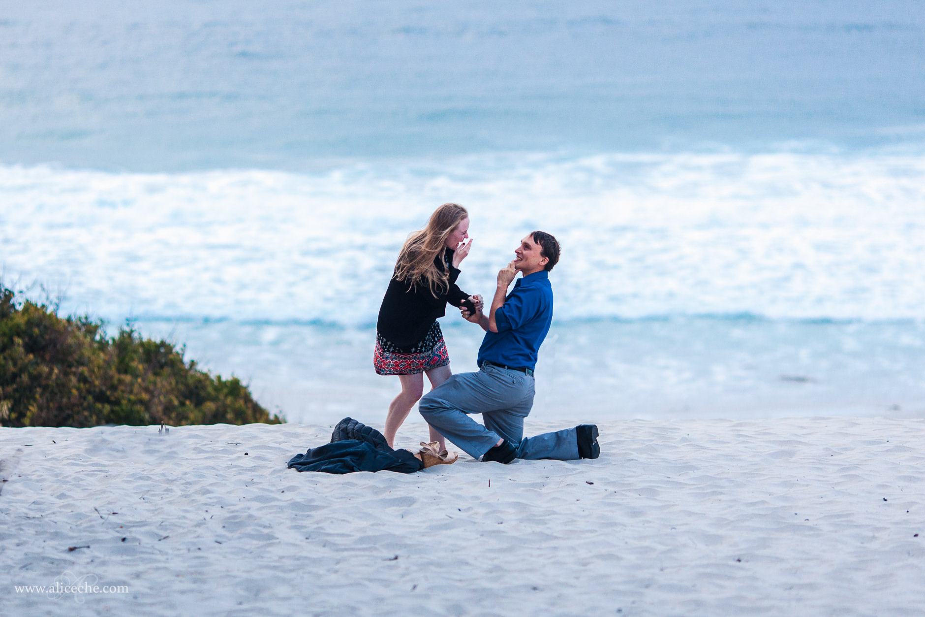carmel beach proposal san francisco bay area photographer guy proposing on one knee