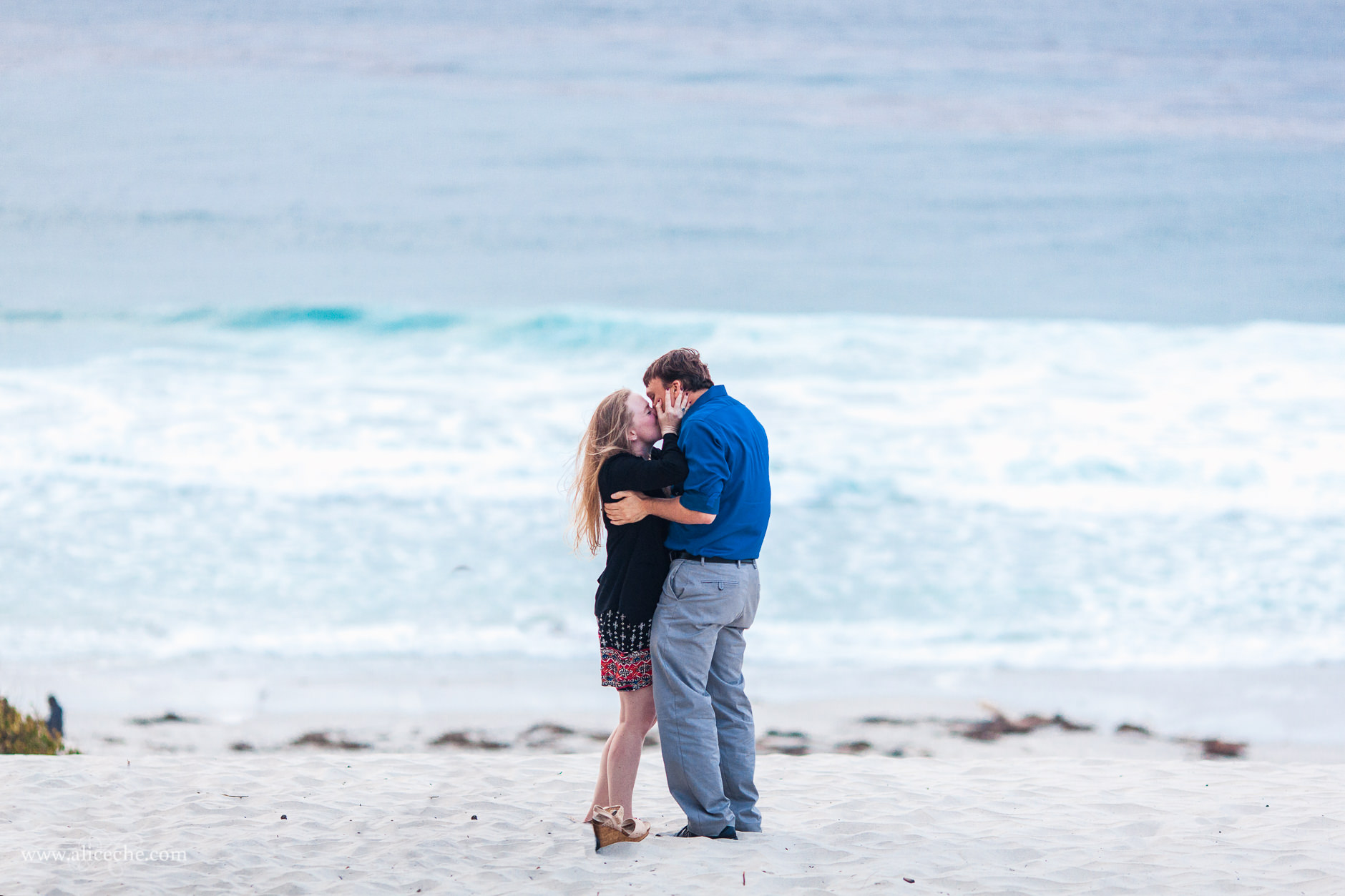 carmel beach proposal san francisco bay area photographer kissing couple