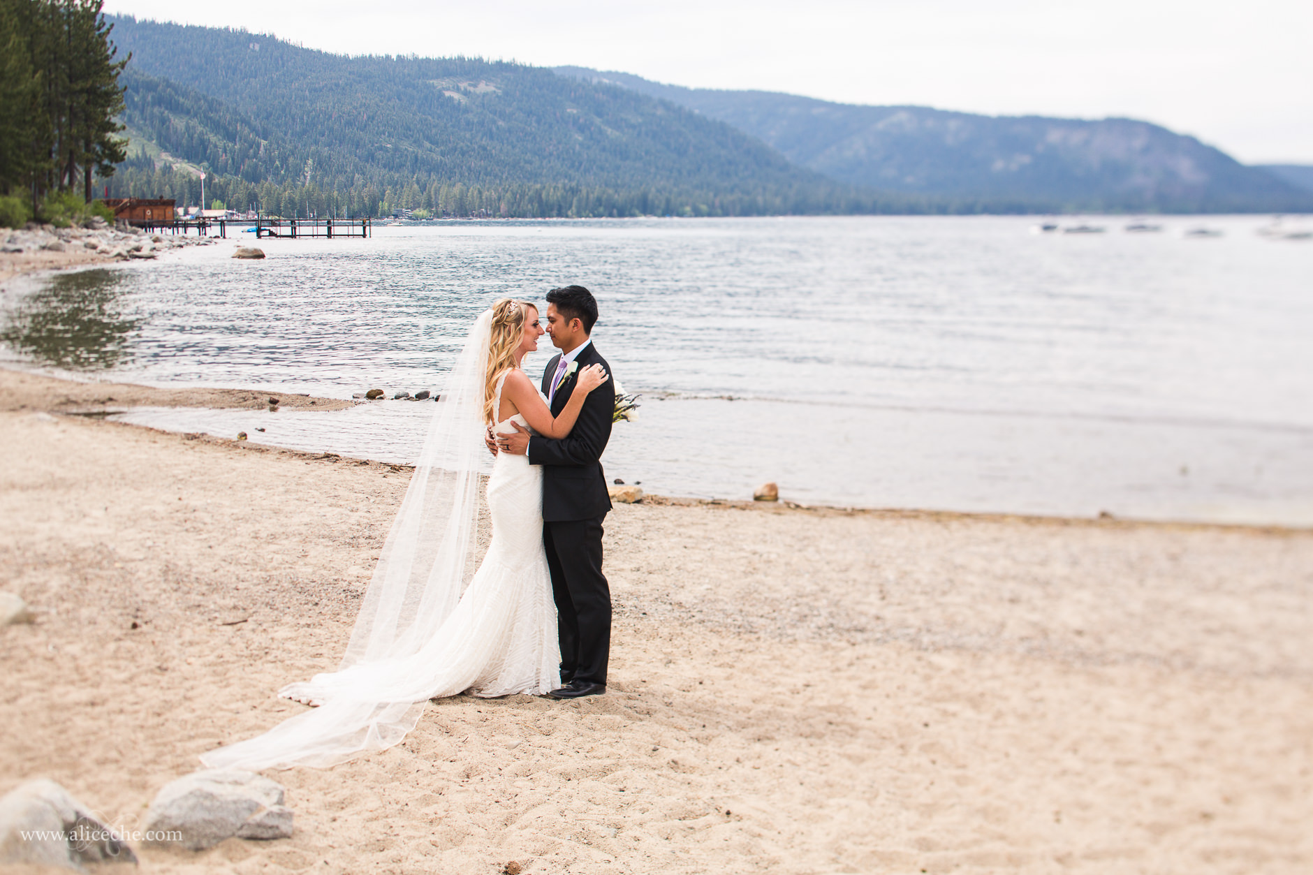 lake tahoe chambers landing wedding bride and groom on beach