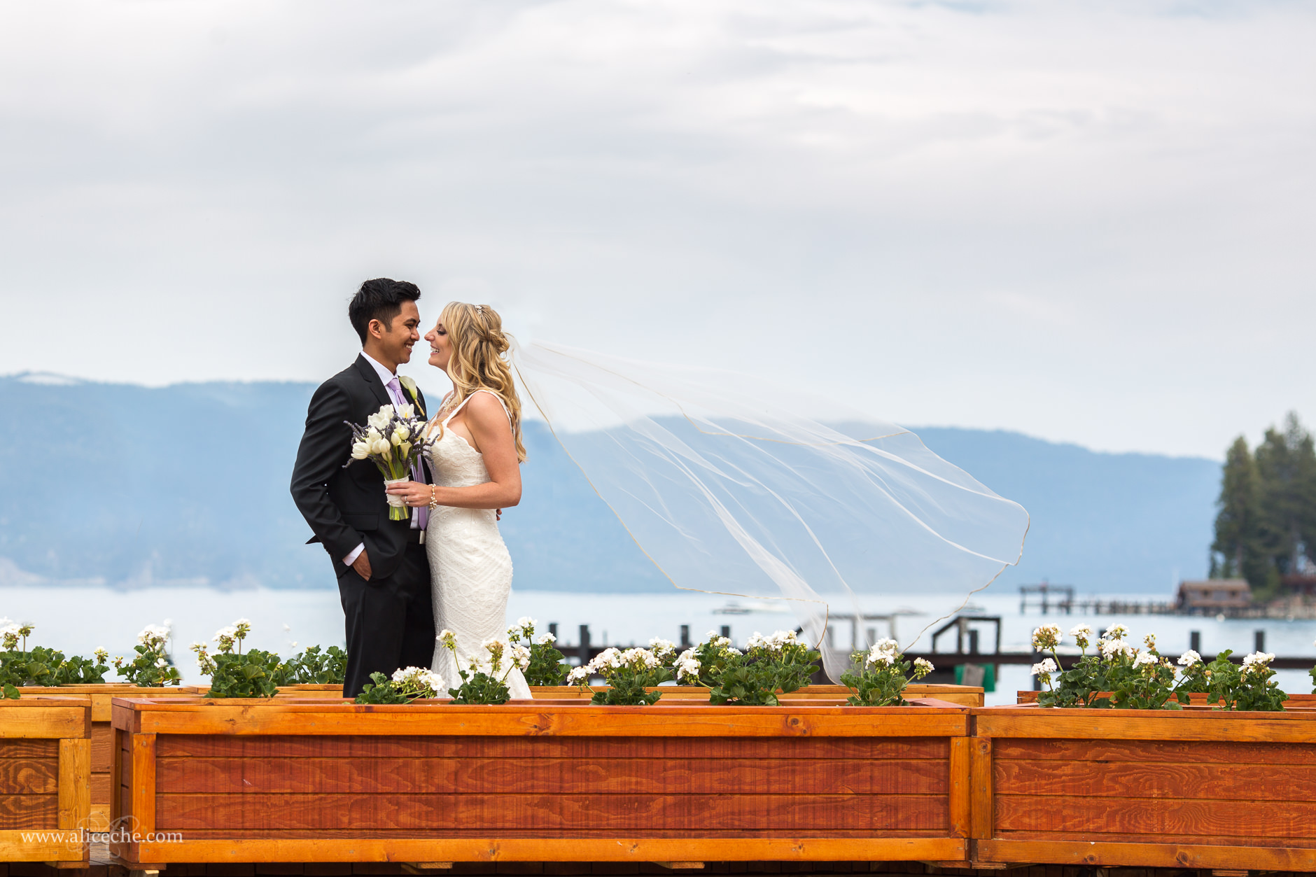 lake tahoe chambers landing wedding bride and groom on dock