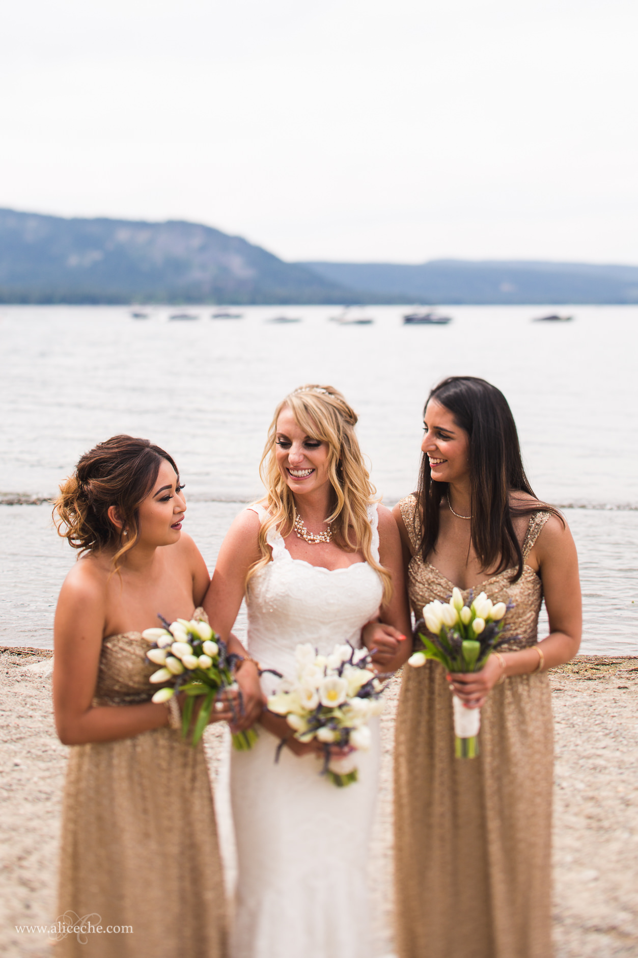 lake tahoe chambers landing wedding bride and bridesmaids