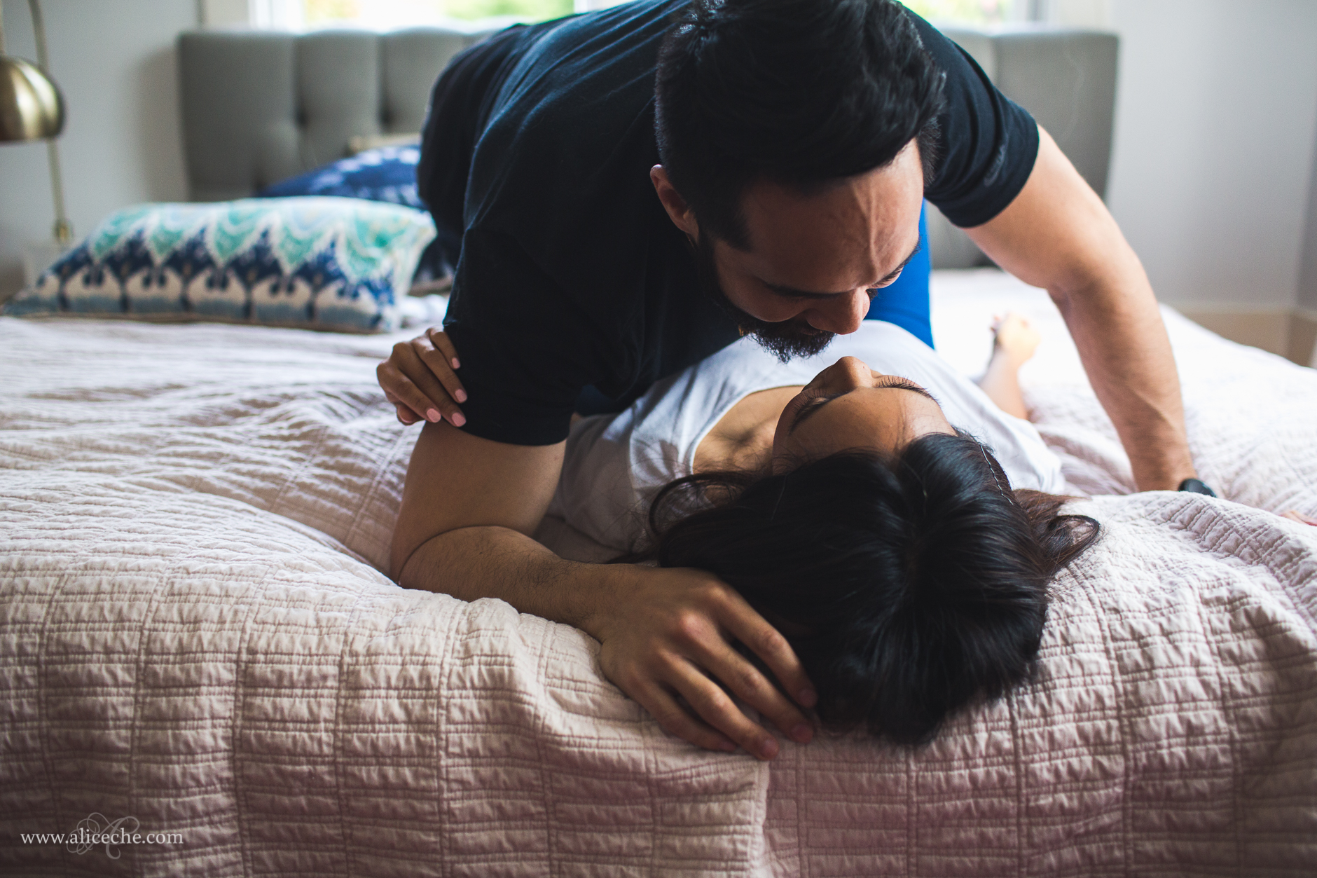 san francisco intimate at home engagement couple on bed