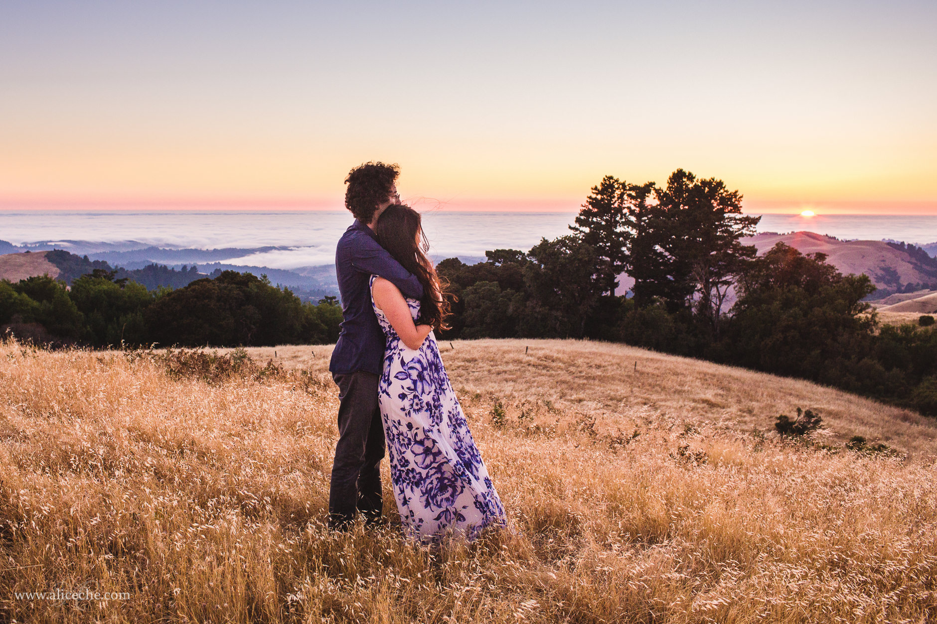 Russian Ridge Couples Session Couple Watching the Fog Roll In at Sunset Bay Area Wedding Photographer