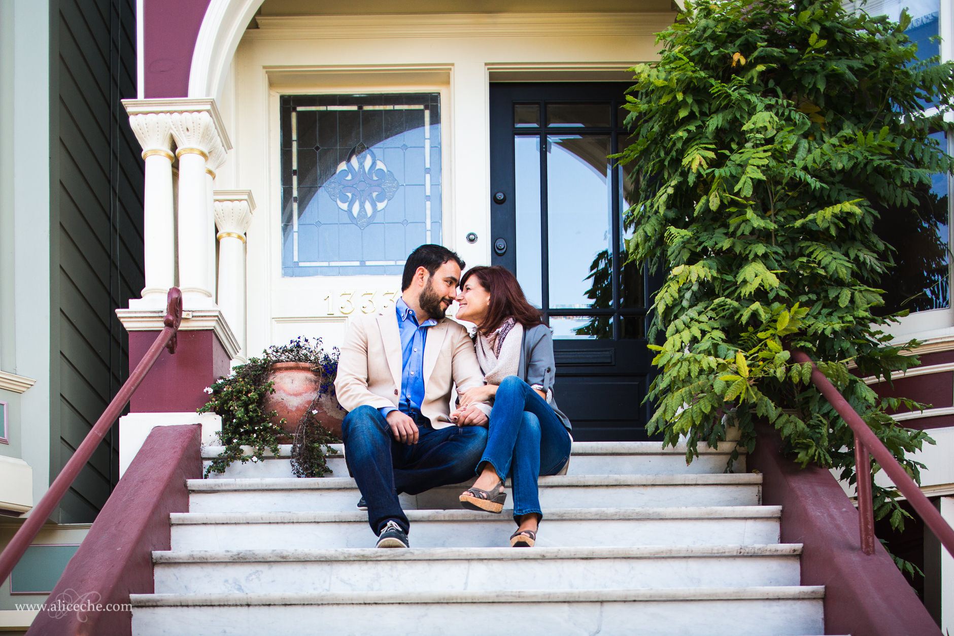 Haight Ashbury Engagement Session Cute couple in front of building