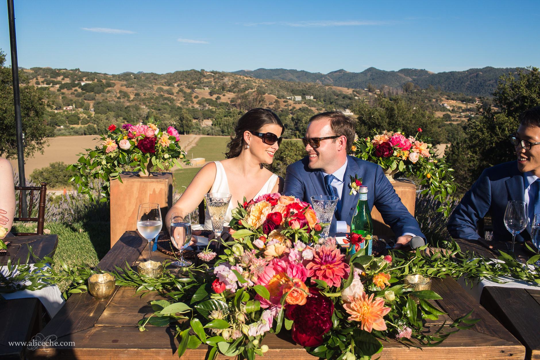 Casitas Estate Wedding Photos Bride and Groom at Head Table with Sun Glasses