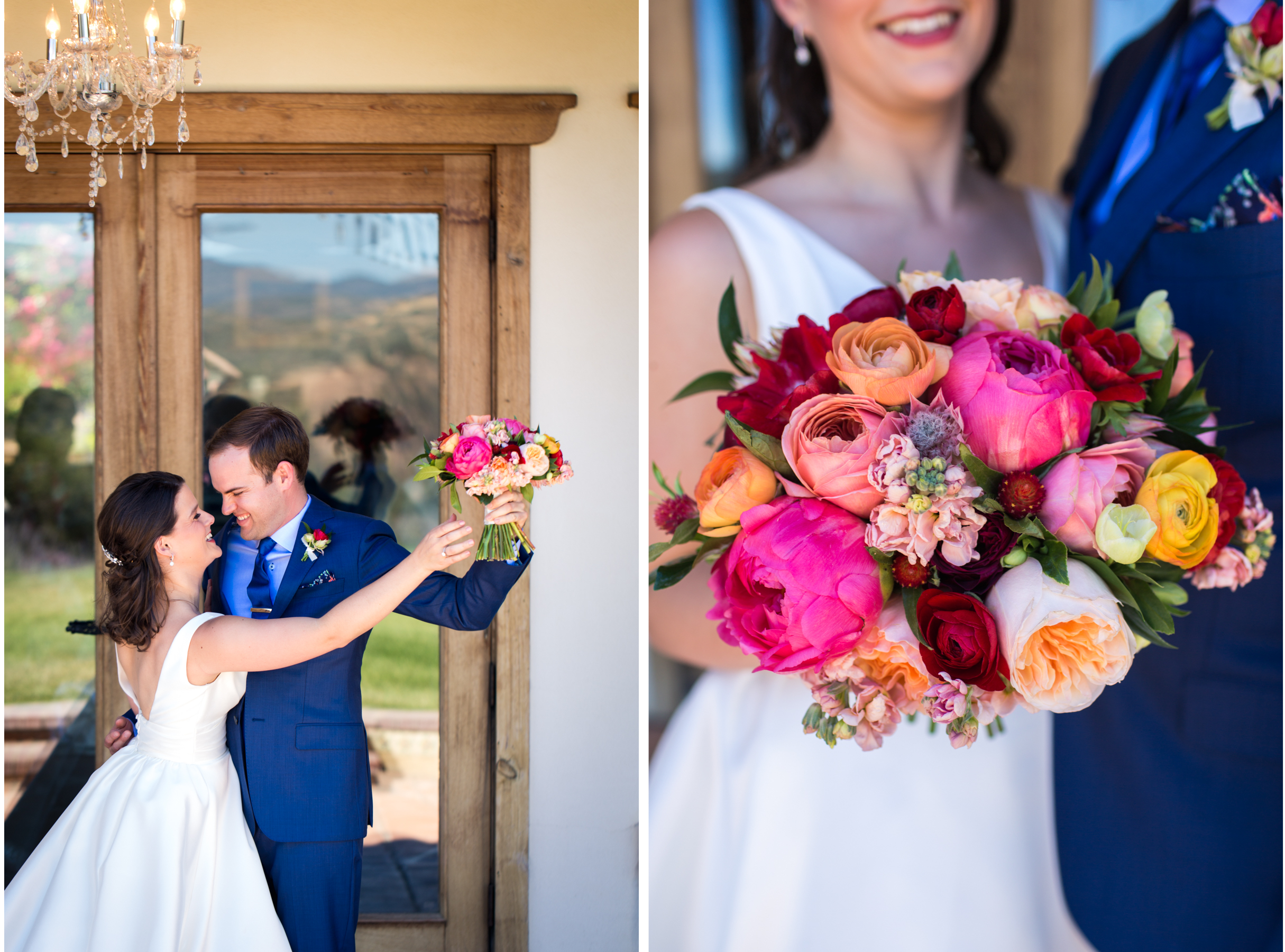 Casitas Estate Wedding Photos Bride and Groom with Colorful Flowers