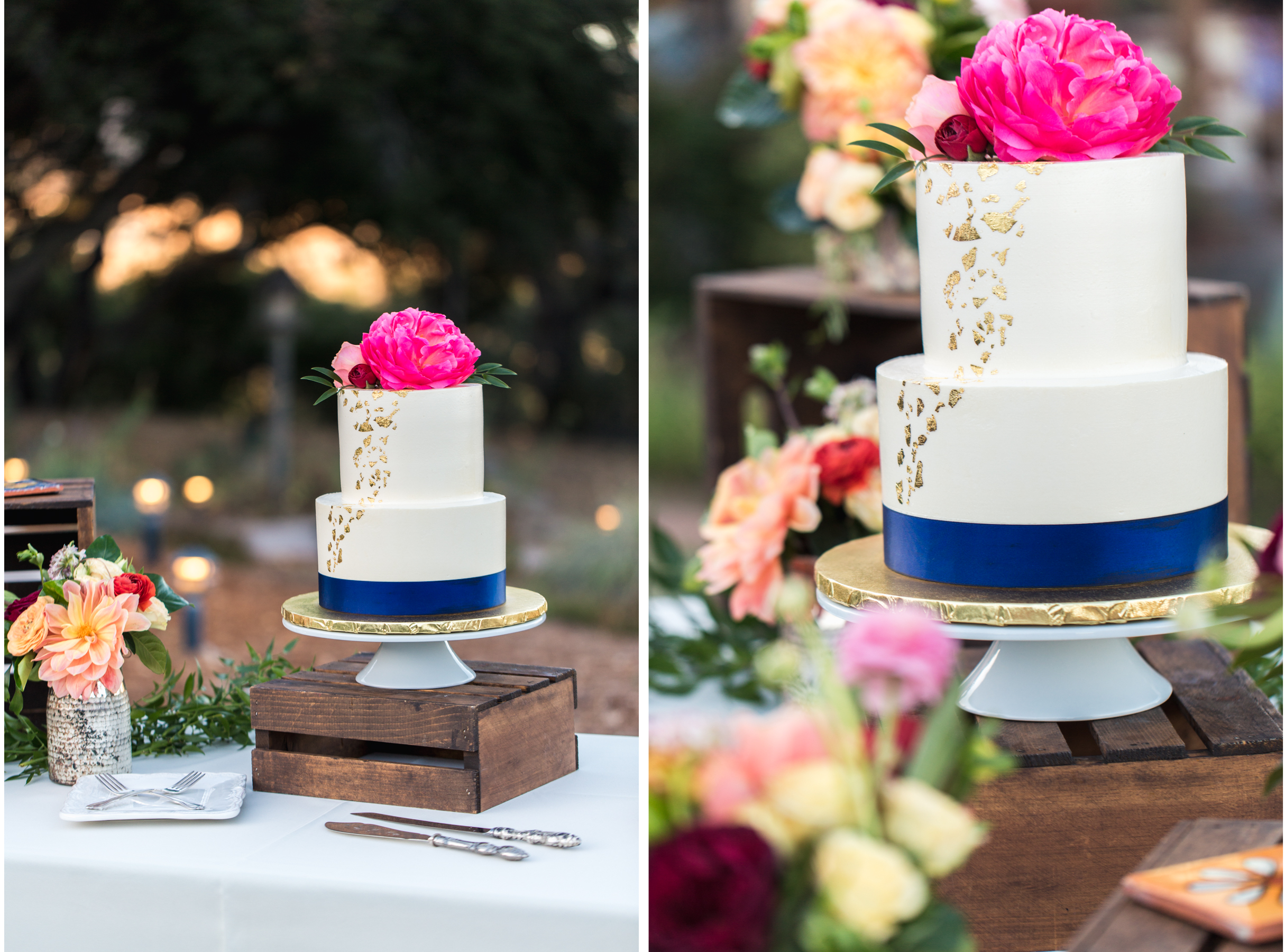 Casitas Estate Wedding Photos Blue Gold and White Cake with Peony