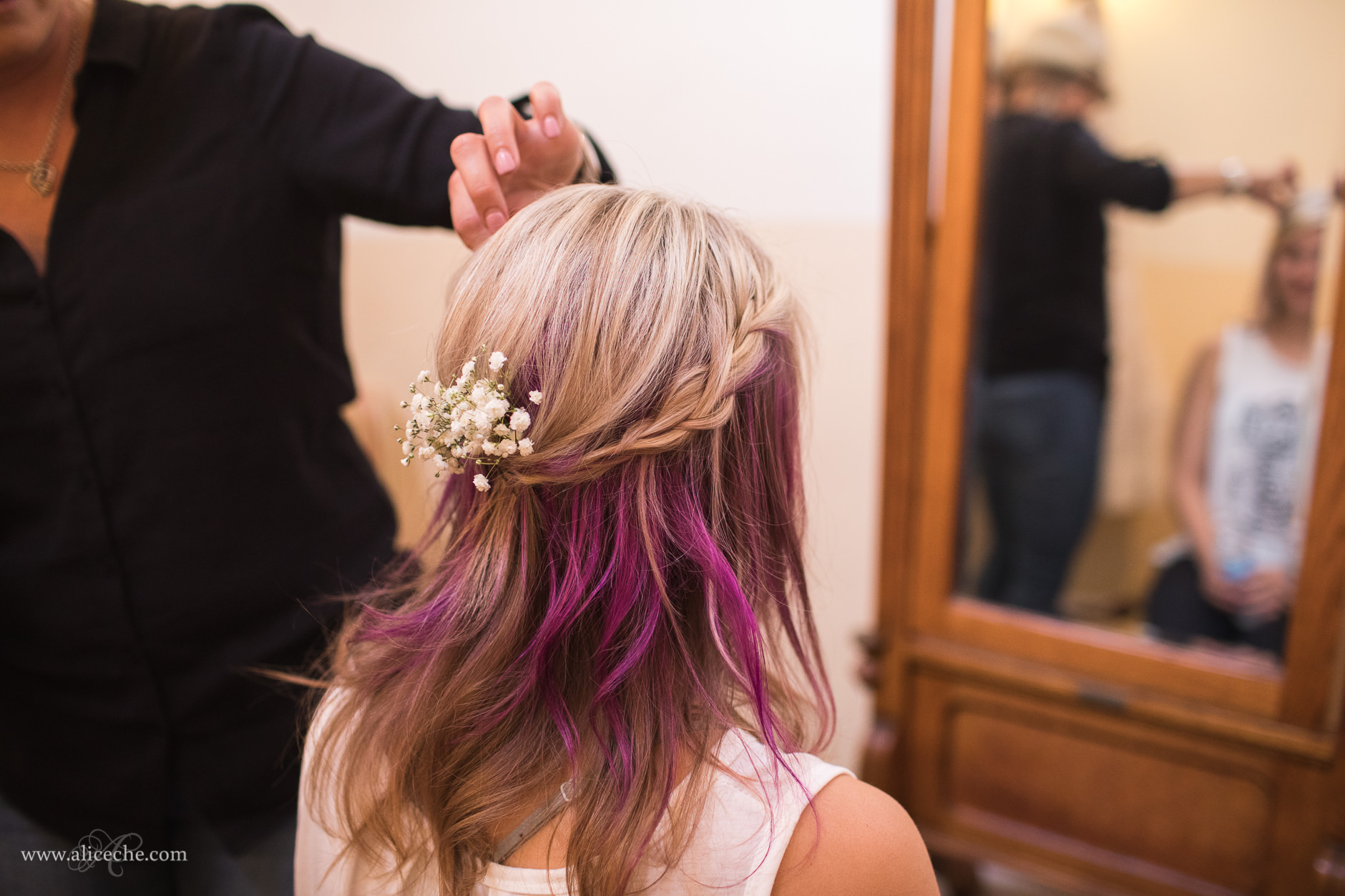 Loomis Flower Farm Wedding Bridesmaid with Purple Hair getting Ready