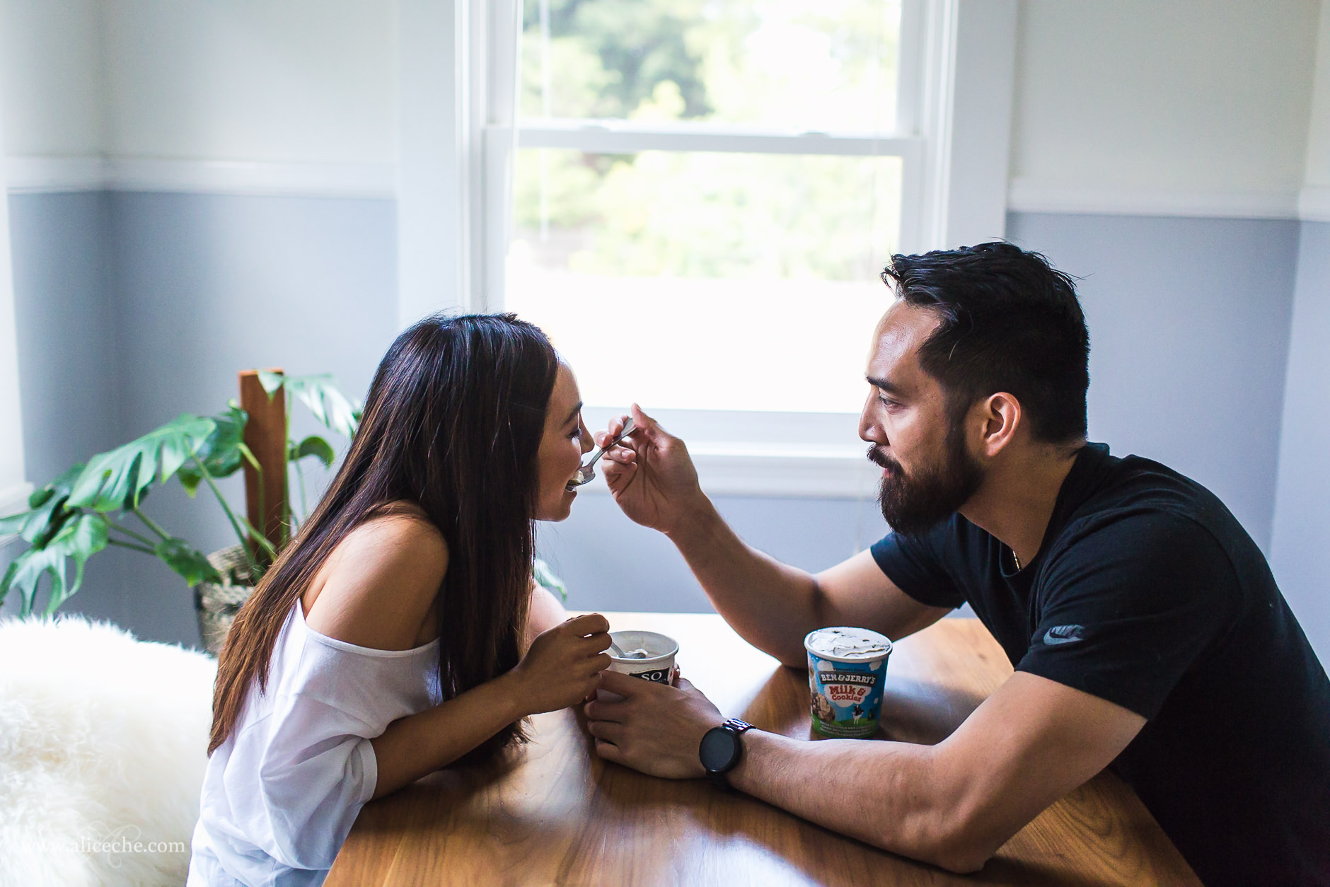 San Carlos In Home Engagement Session Couple Feeding Ice Cream to Each Other