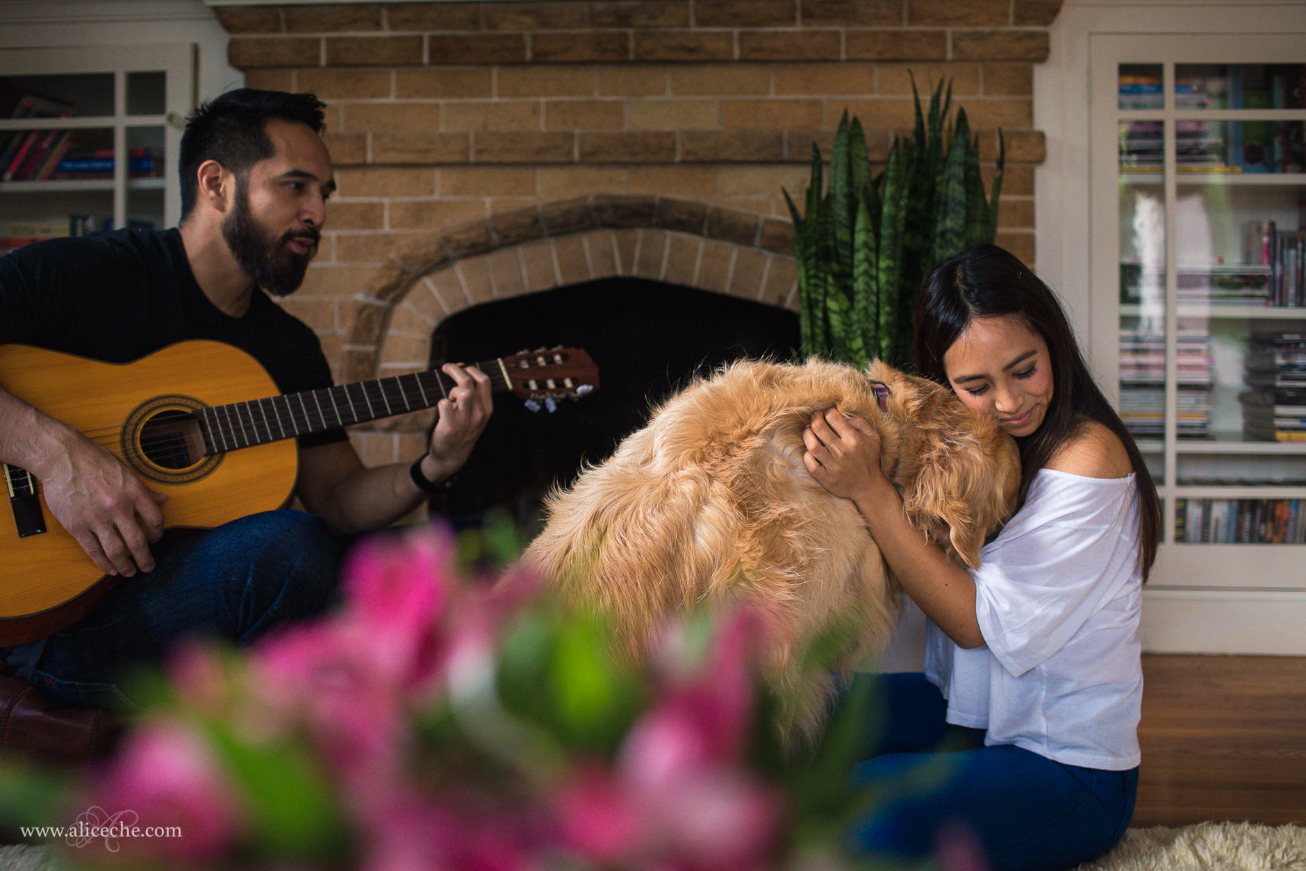 San Carlos In Home Engagement Session Couple Playing Guitar and Hugging Dog