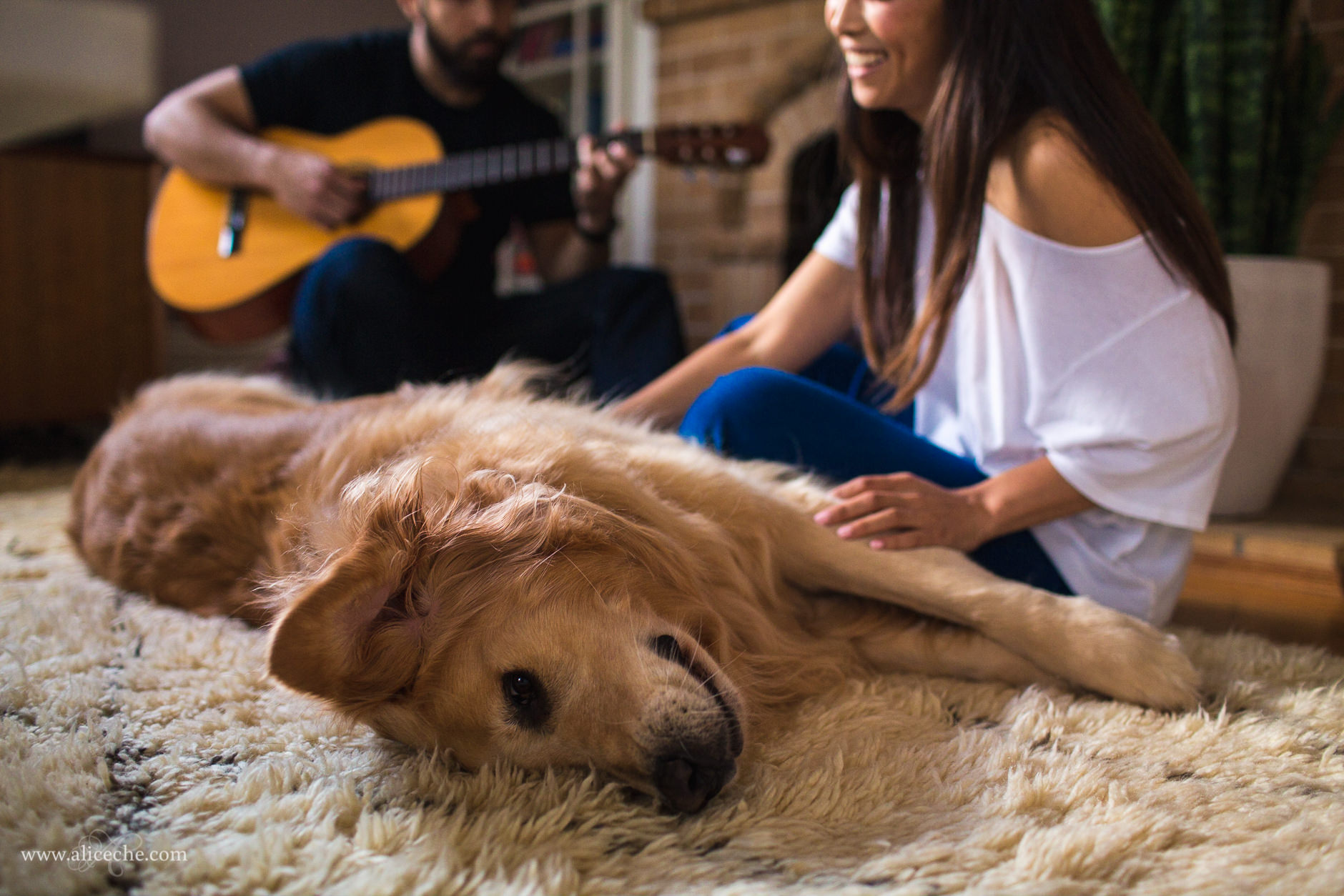 San Carlos In Home Engagement Session Couple with Guitar and Golden Retriever