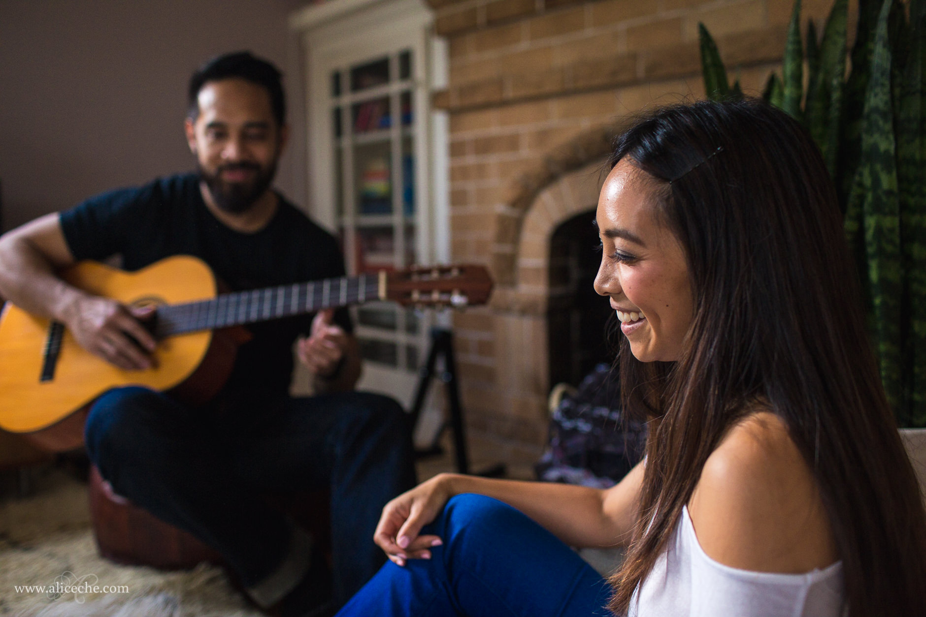 San Carlos In Home Engagement Session Couple Playing Guitar