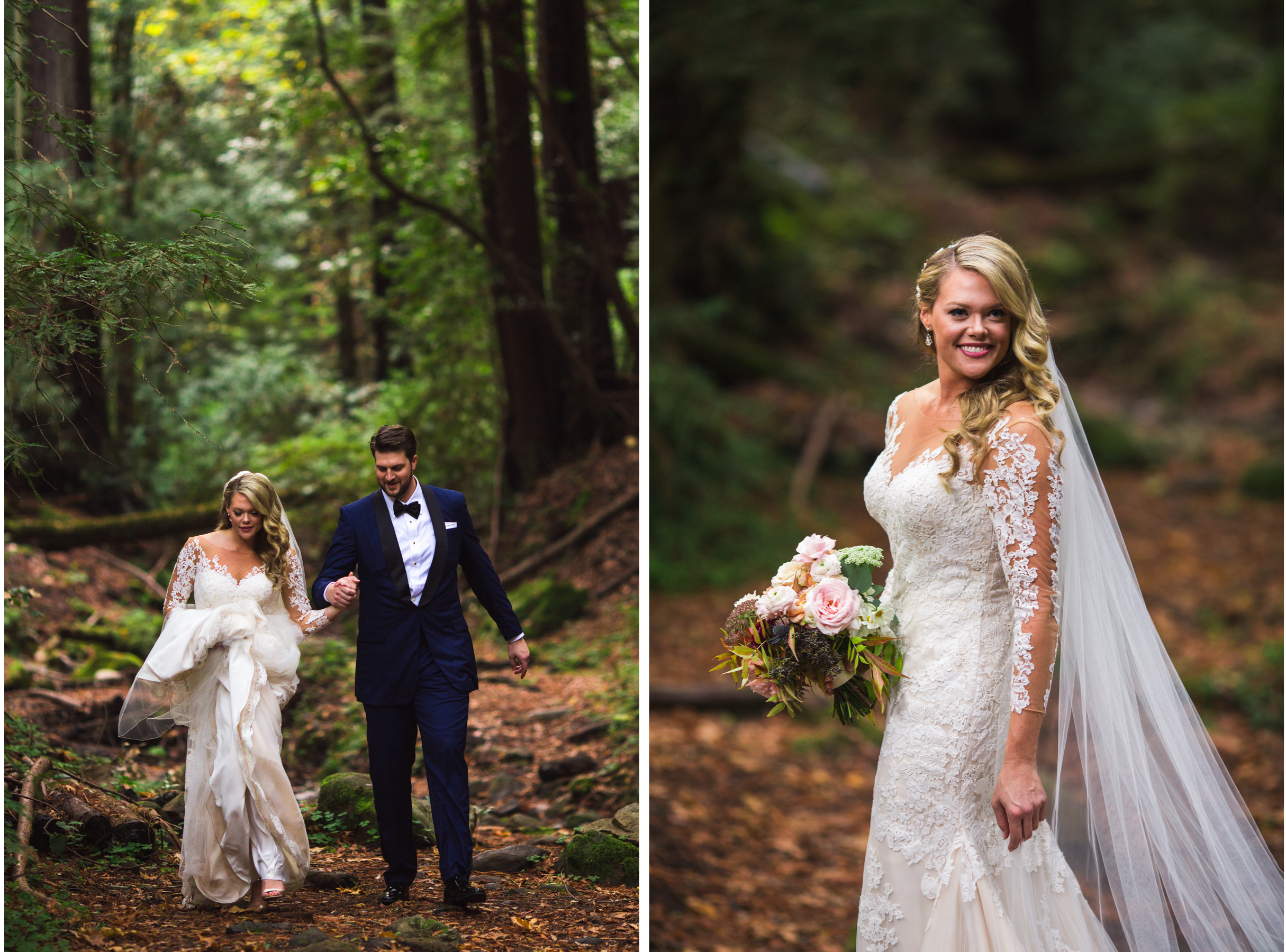Saratoga Springs Wedding California San Francisco Photographer Bride and Groom running in the Redwoods Forest