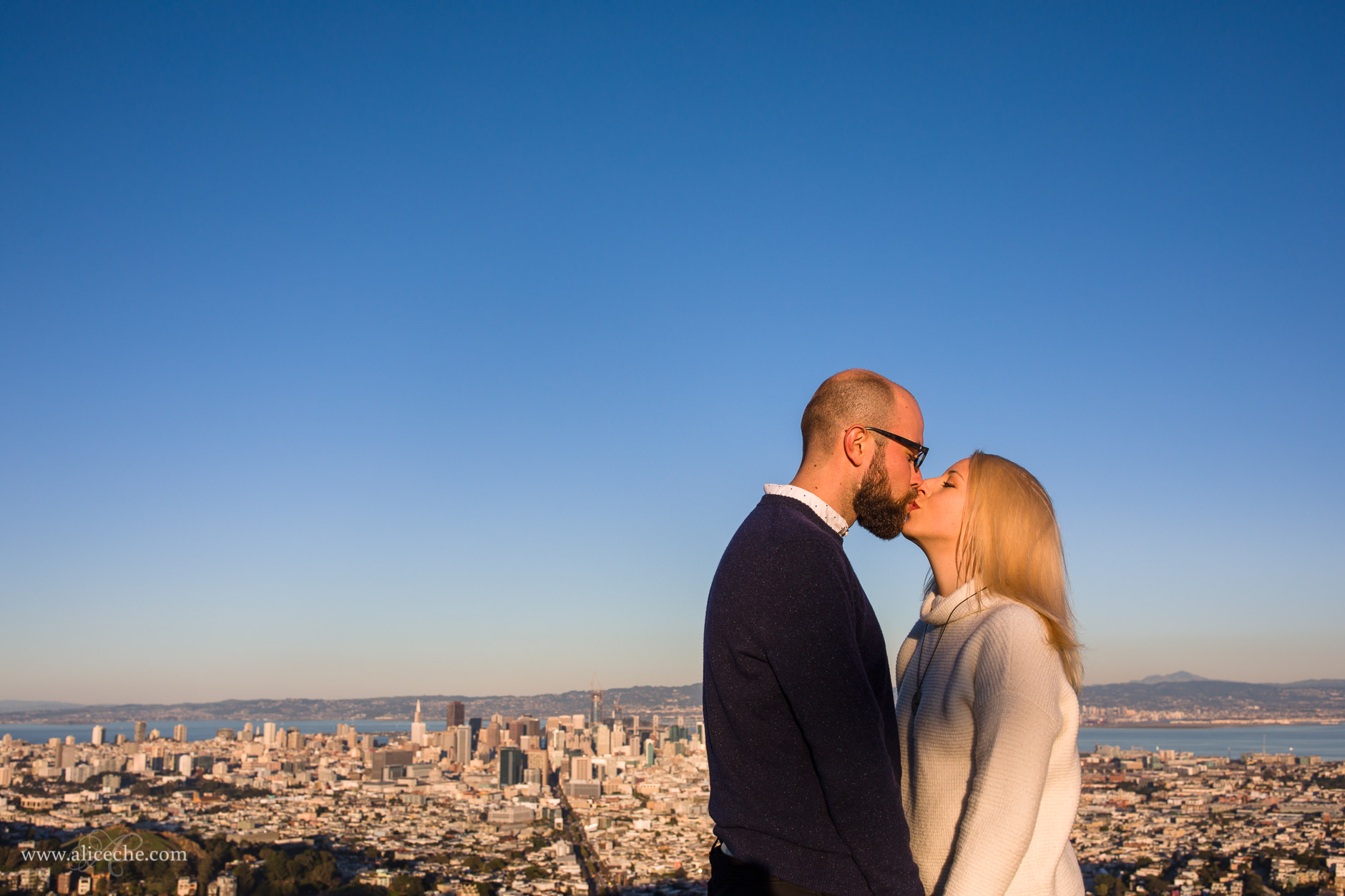 Twin Peaks Engagement Session San Francisco Photographer Couple Kissing Above City