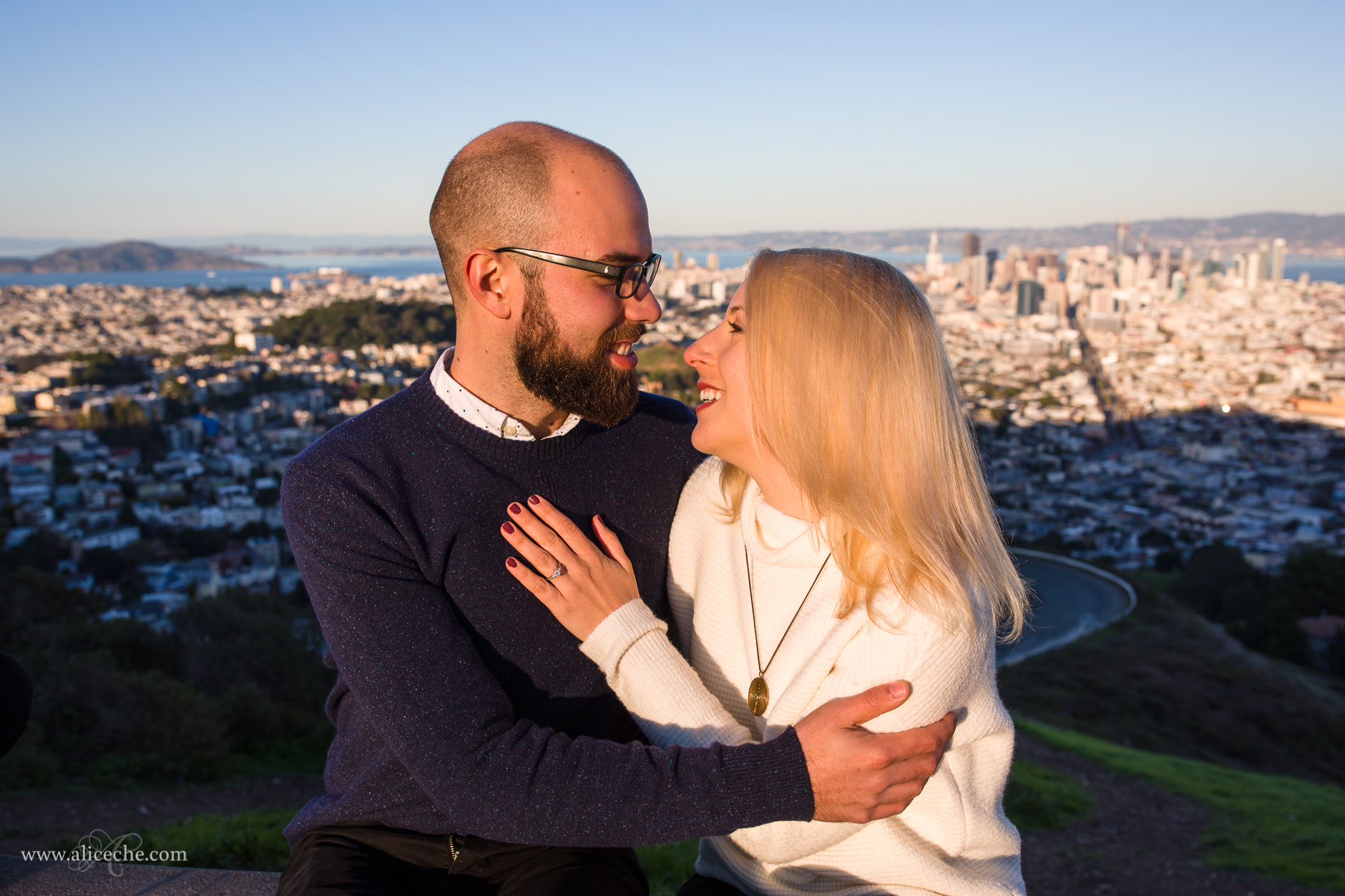 Twin Peaks Engagement Session San Francisco Photographer Couple Hugging Above San Francisco