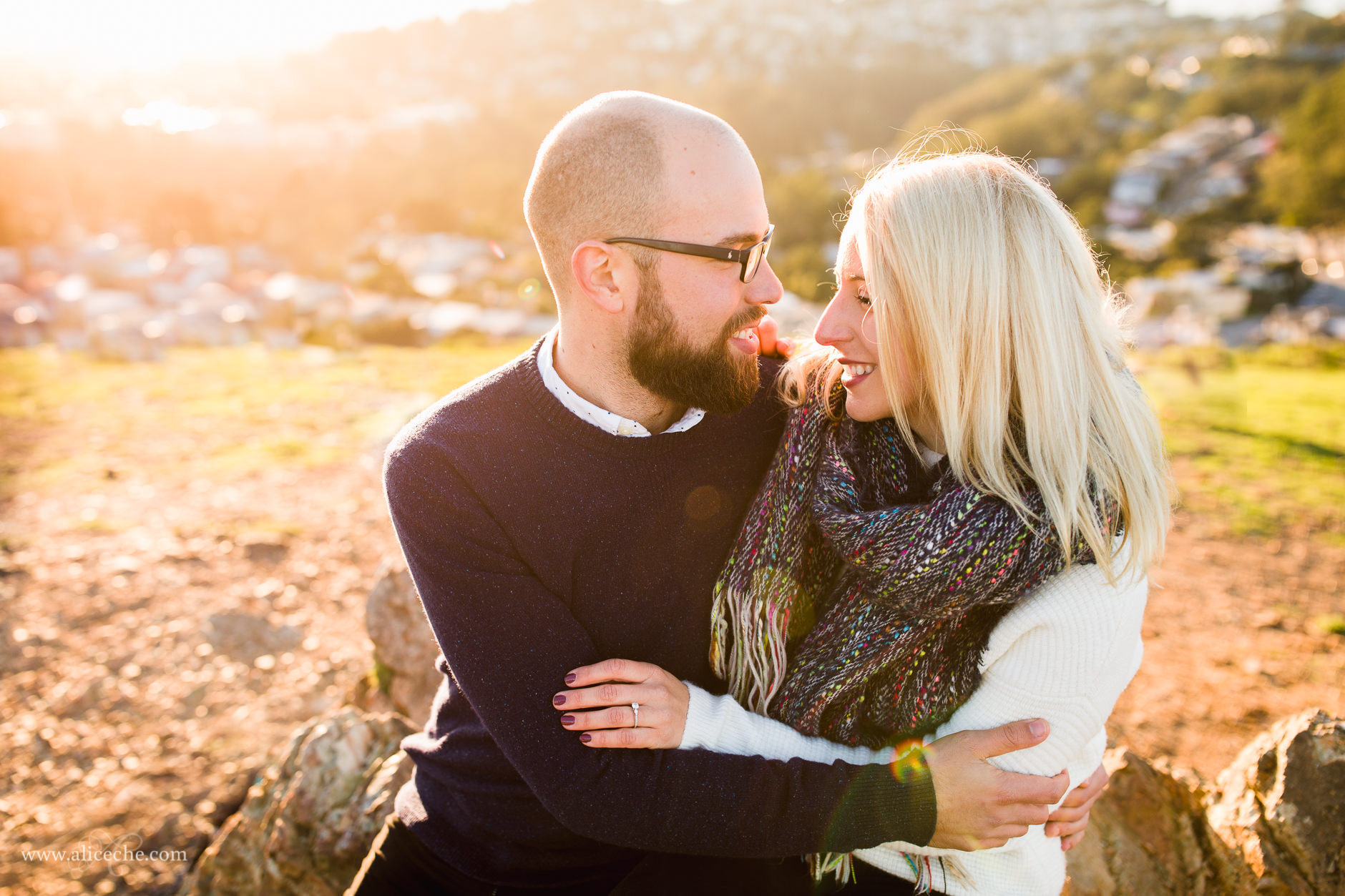 Twin Peaks Engagement Session San Francisco Photographer Couple Cuddling in Gorgeous Light