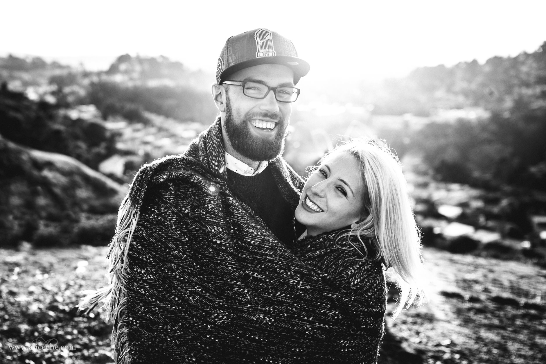 Twin Peaks Engagement Session San Francisco Photographer Cub's Fan snuggled in Scarf