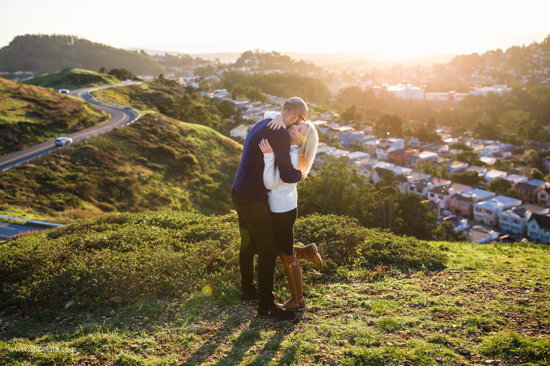 Twin Peaks Engagement Session San Francisco Photographer Hugging Couple at Sunset
