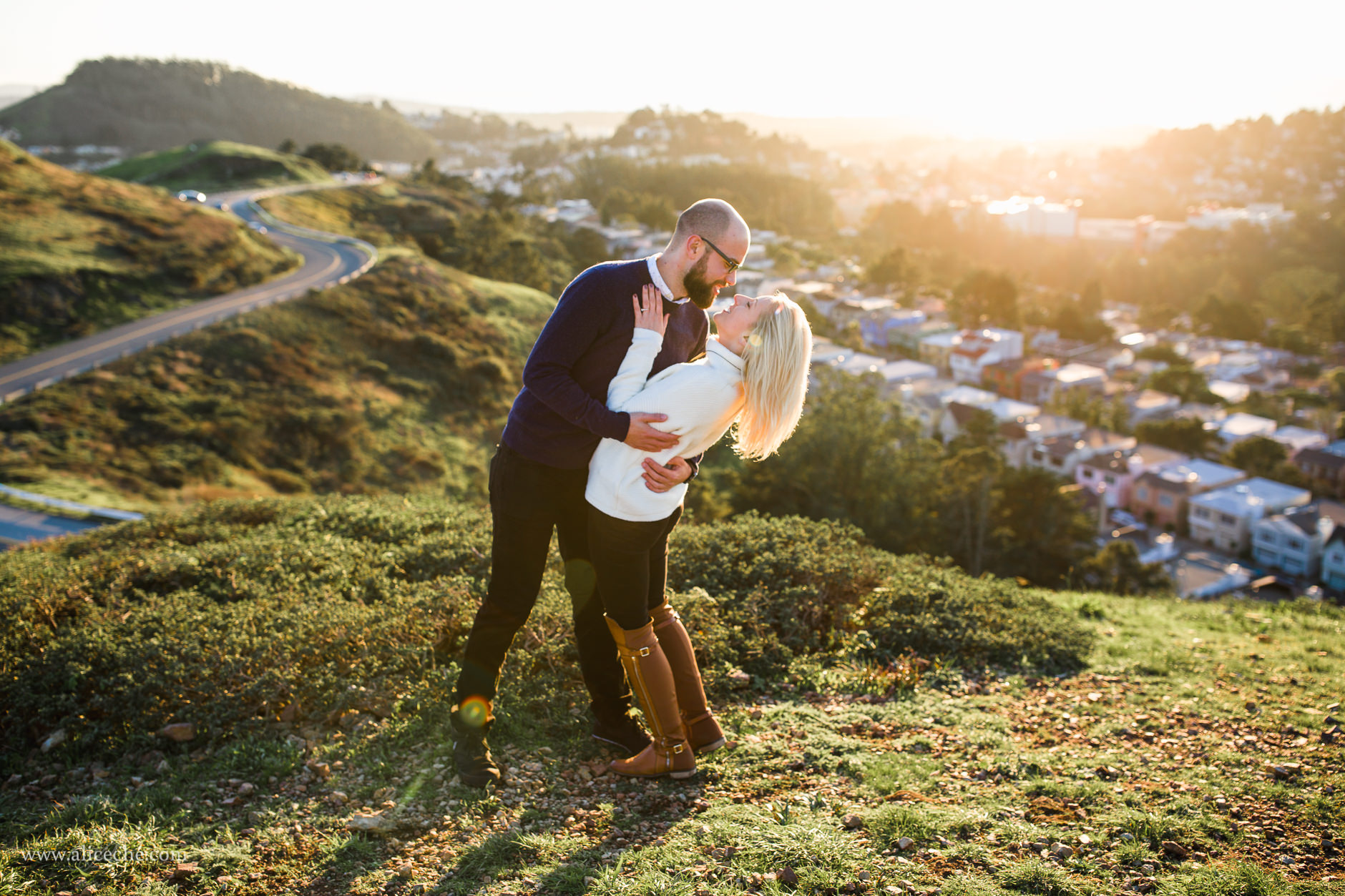 Twin Peaks Engagement Session San Francisco Photographer Couple Dipped above City