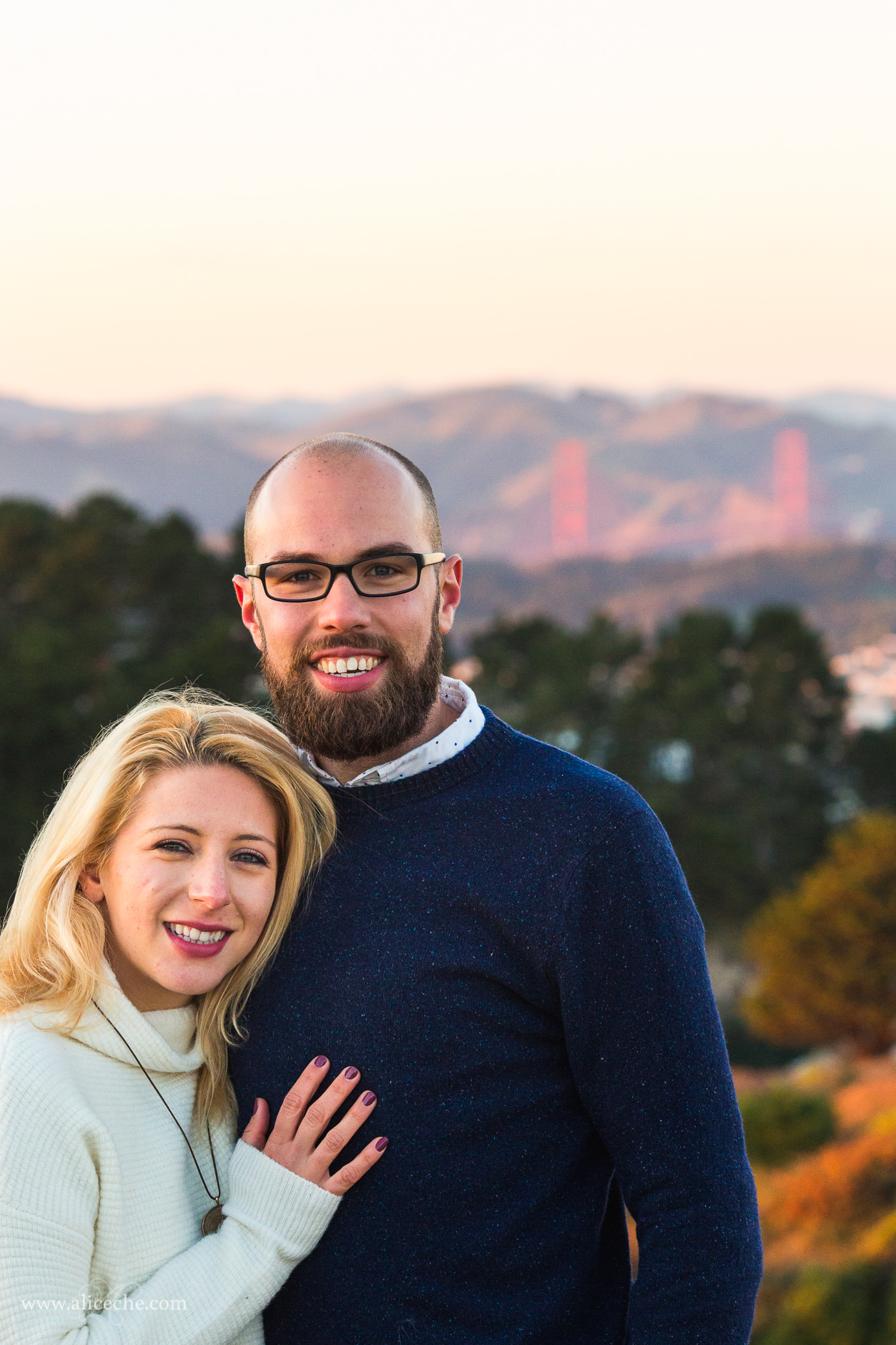 Twin Peaks Engagement Session San Francisco Photographer Couple in front of Golden Gate Bridge