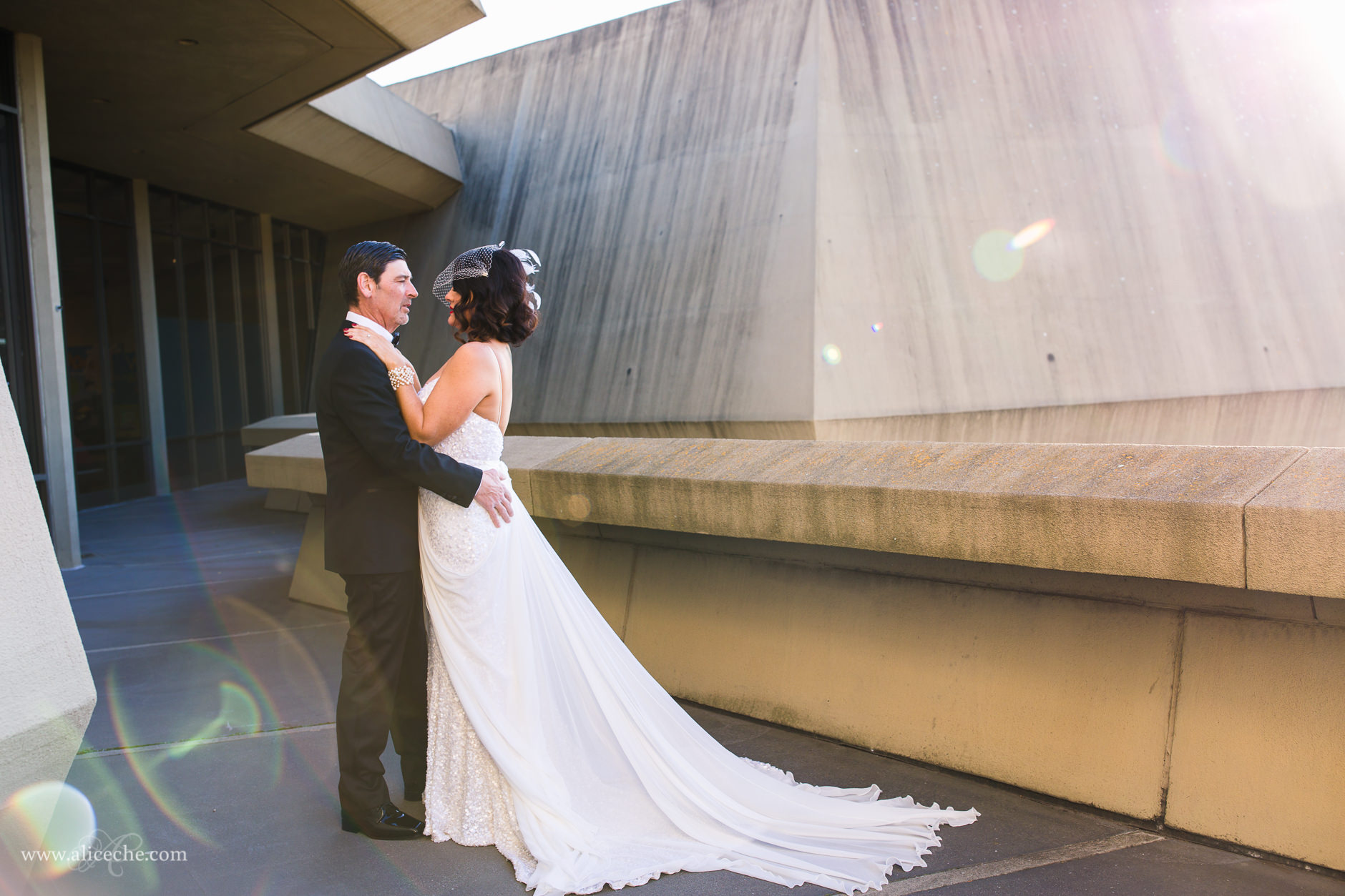 Bride and Groom during First Look at Lawrence Hall of Science
