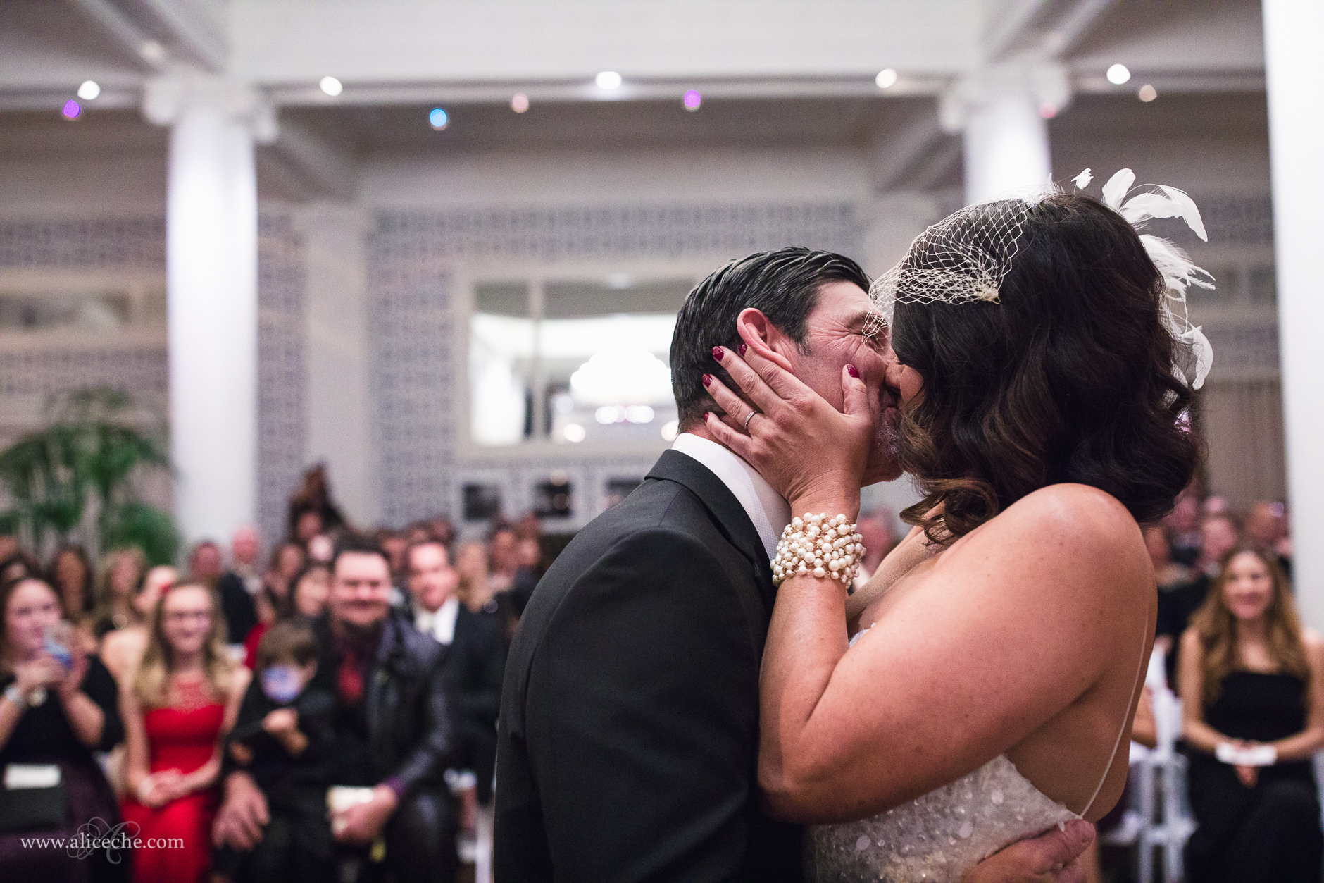First Kiss in Hotel Shattuck Plaza of NYE wedding