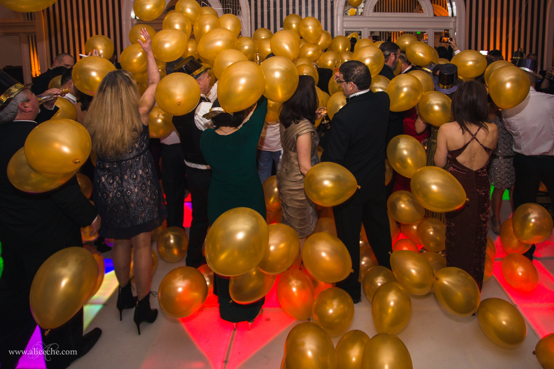 Midnight balloon drop at Hotel Shattuck Plaza New Year's Eve Wedding