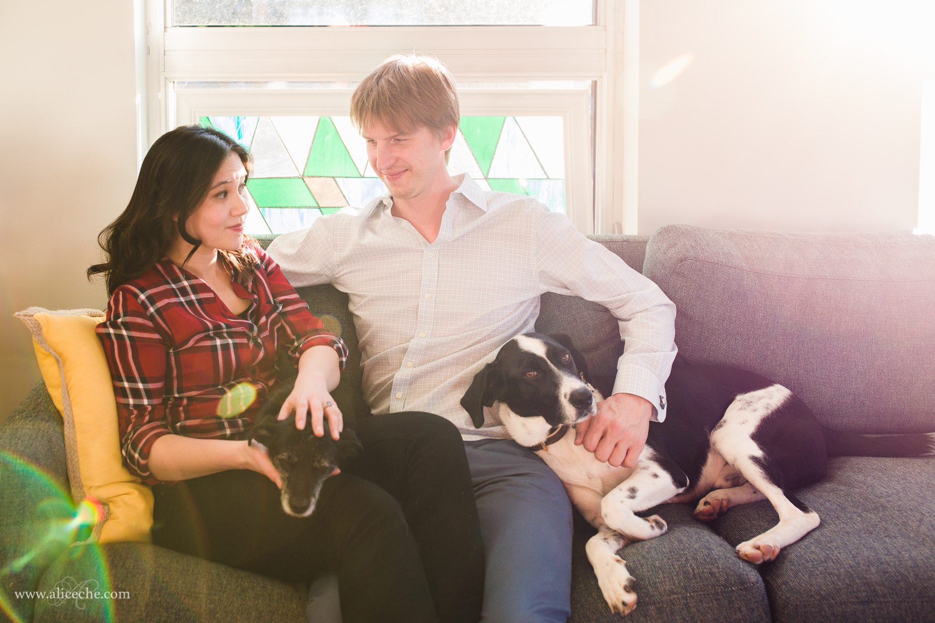 Redwood City In Home Engagement Session with Dogs on Couch