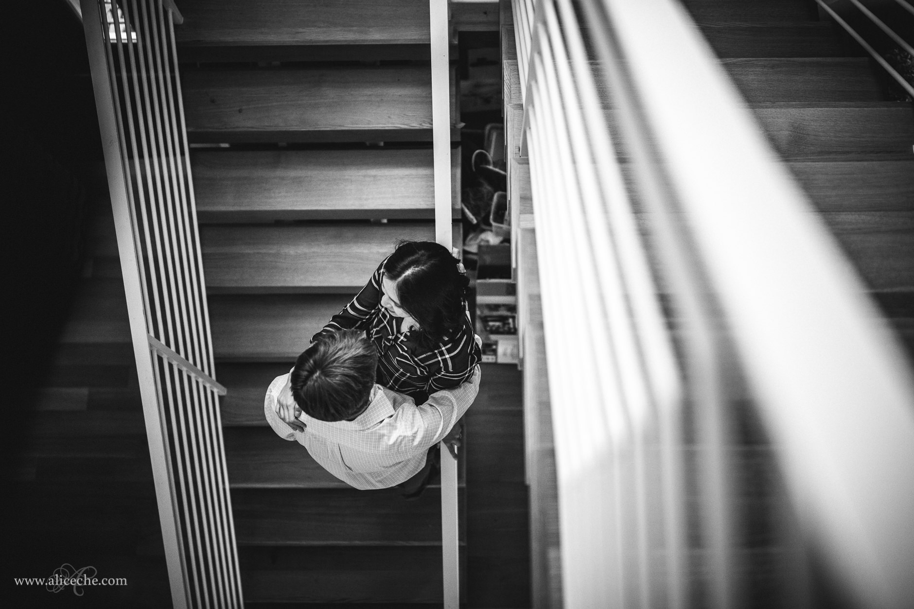 Redwood City In Home Engagement Session Couple on the Stairs