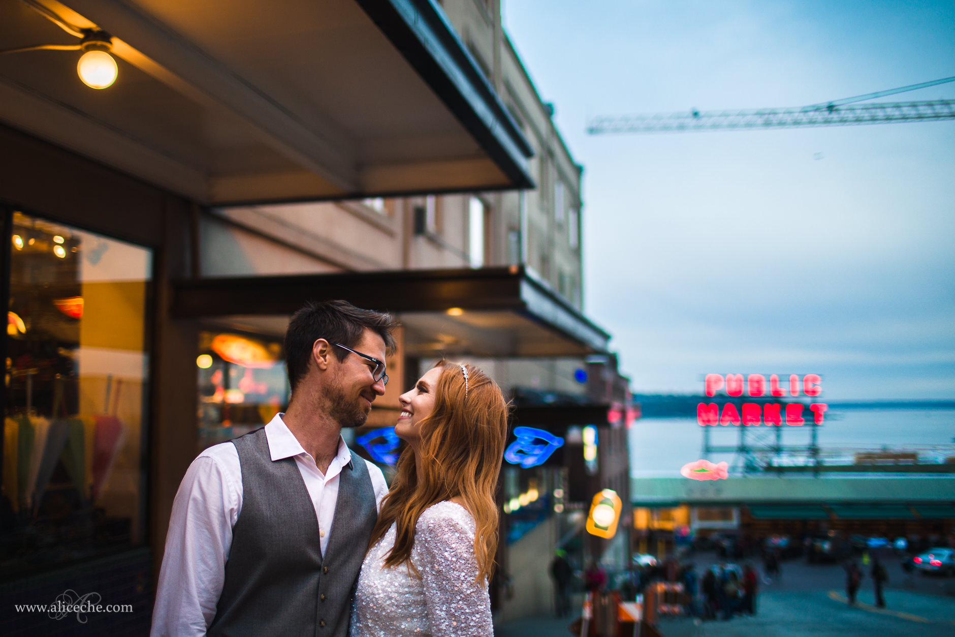 Bride and Groom at Pike Place Market at Night