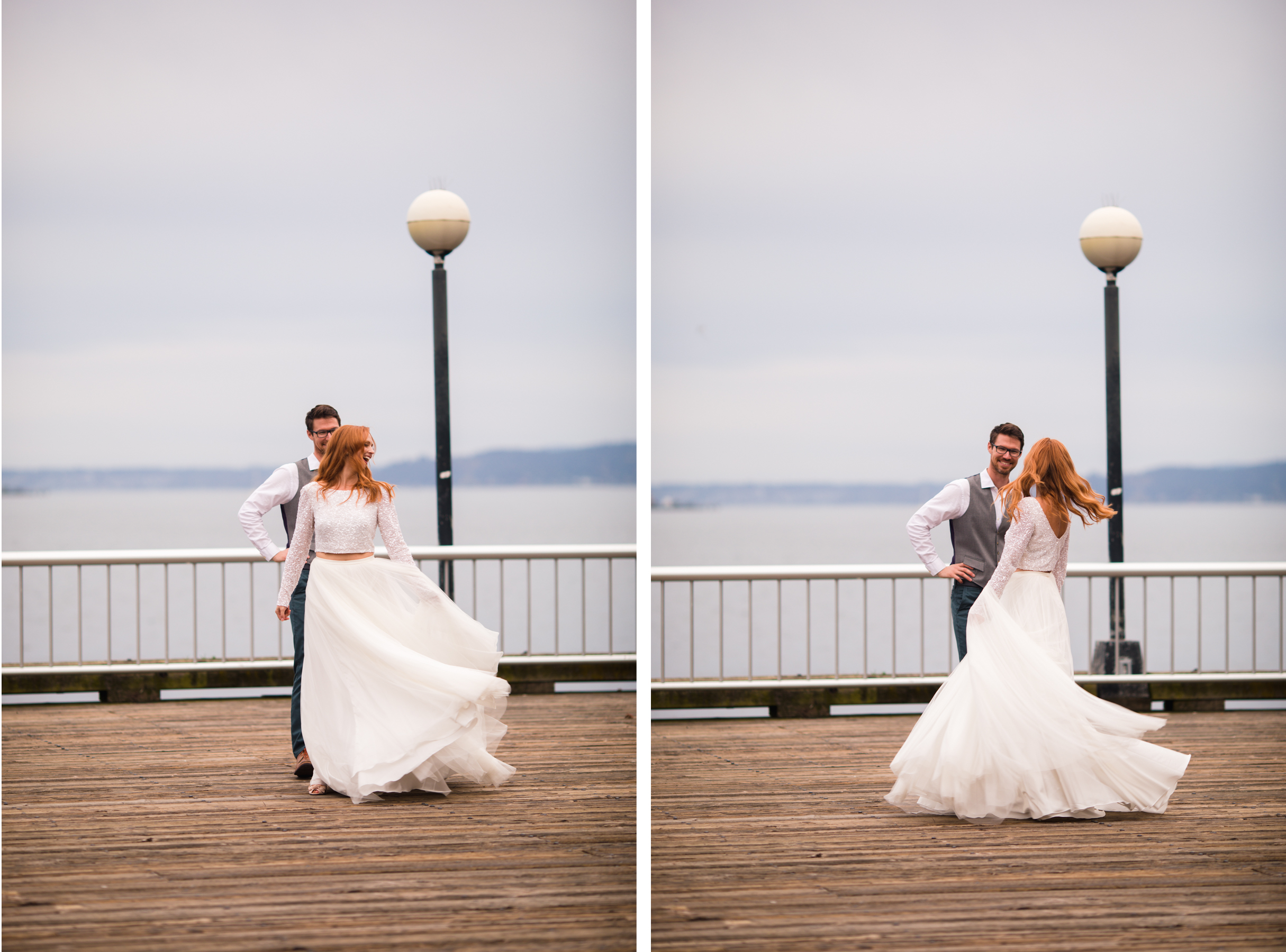 Red Haired Bride twirling on the pier