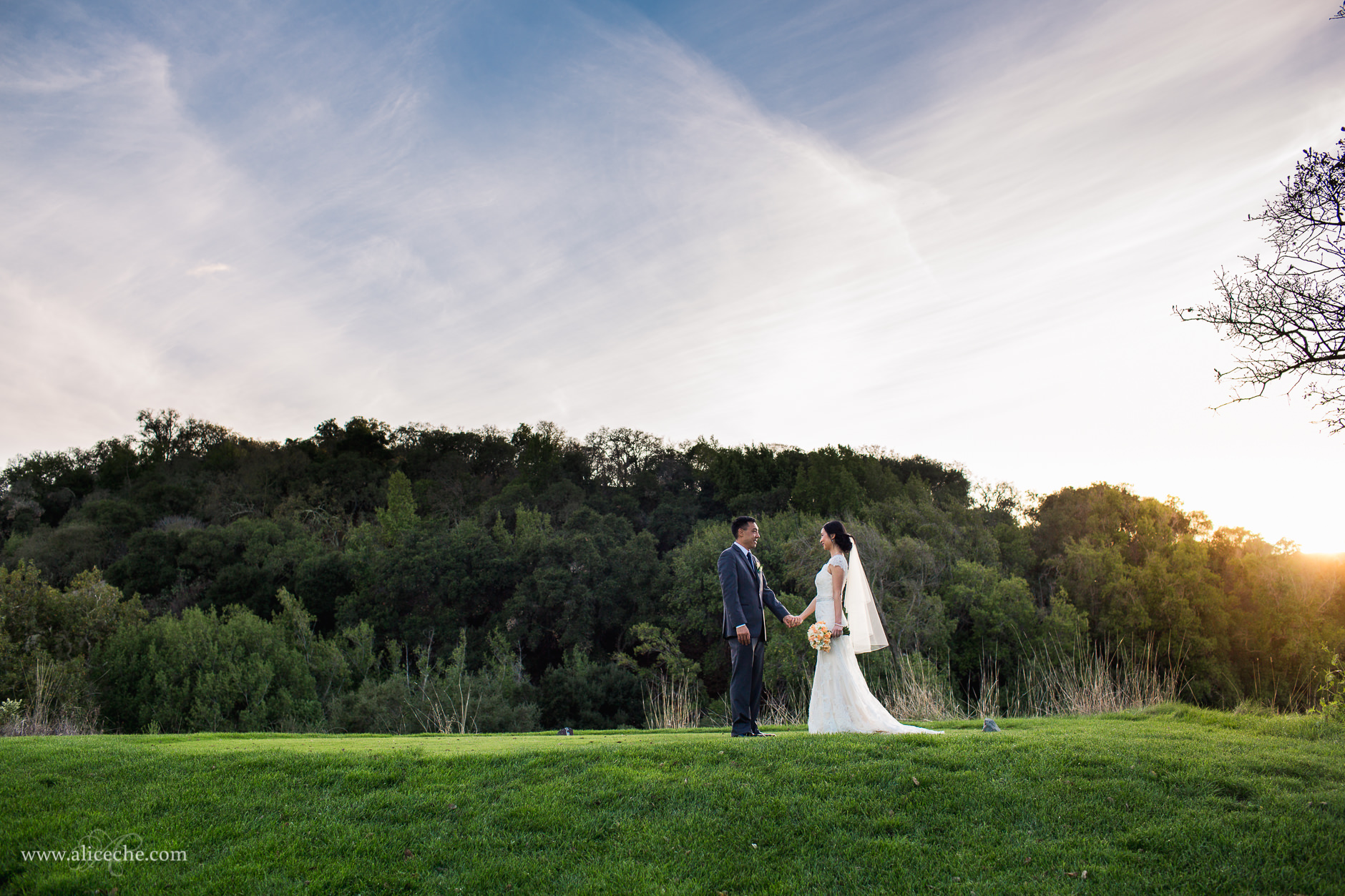 Bride and Groom on Golf Course at Sunset in San Jose, CA