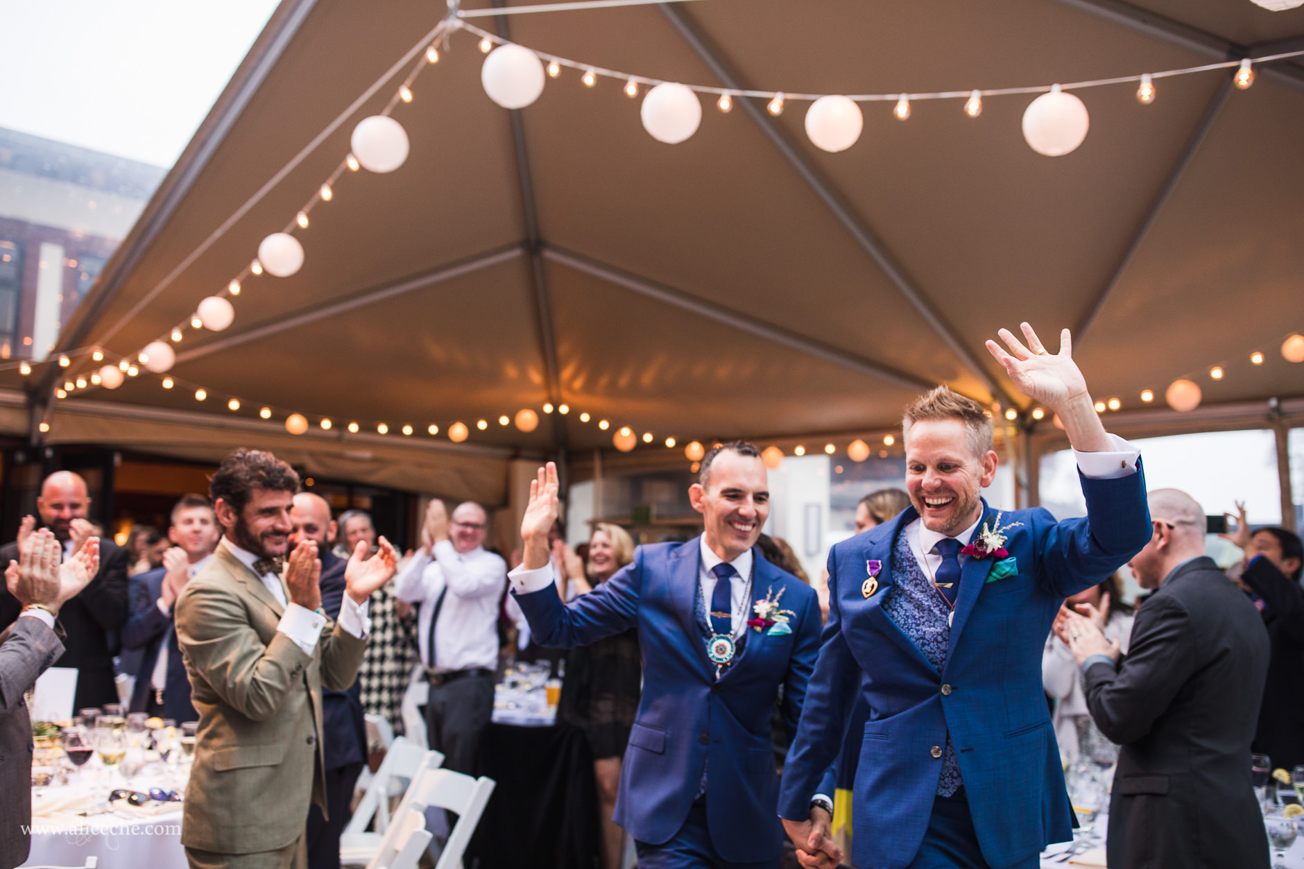 San Francisco Presidio Cafe Wedding Reception in Tent with String Lights and Lanterns