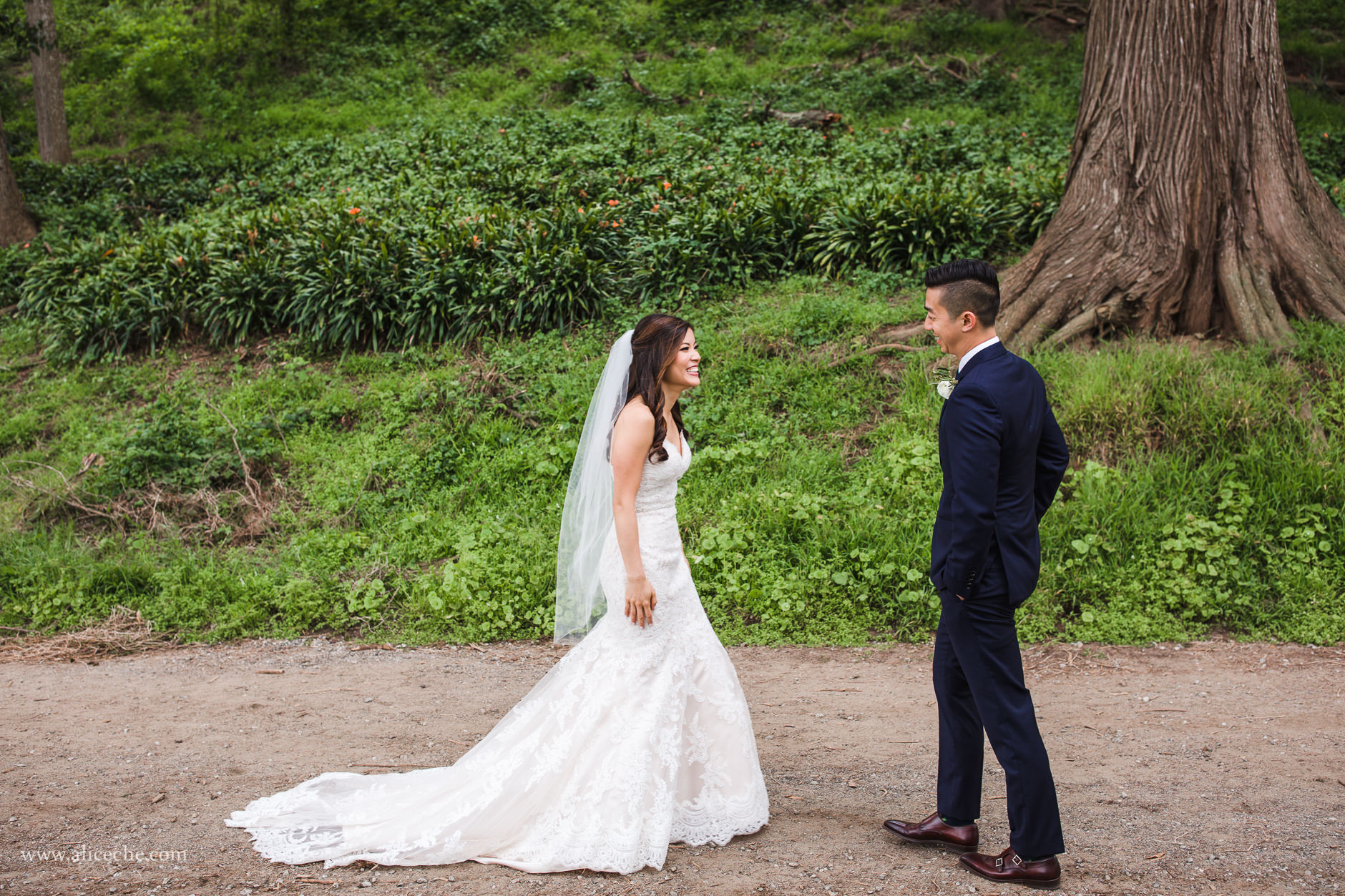 Golden Gate Park first look with bride in trumpet lace dress