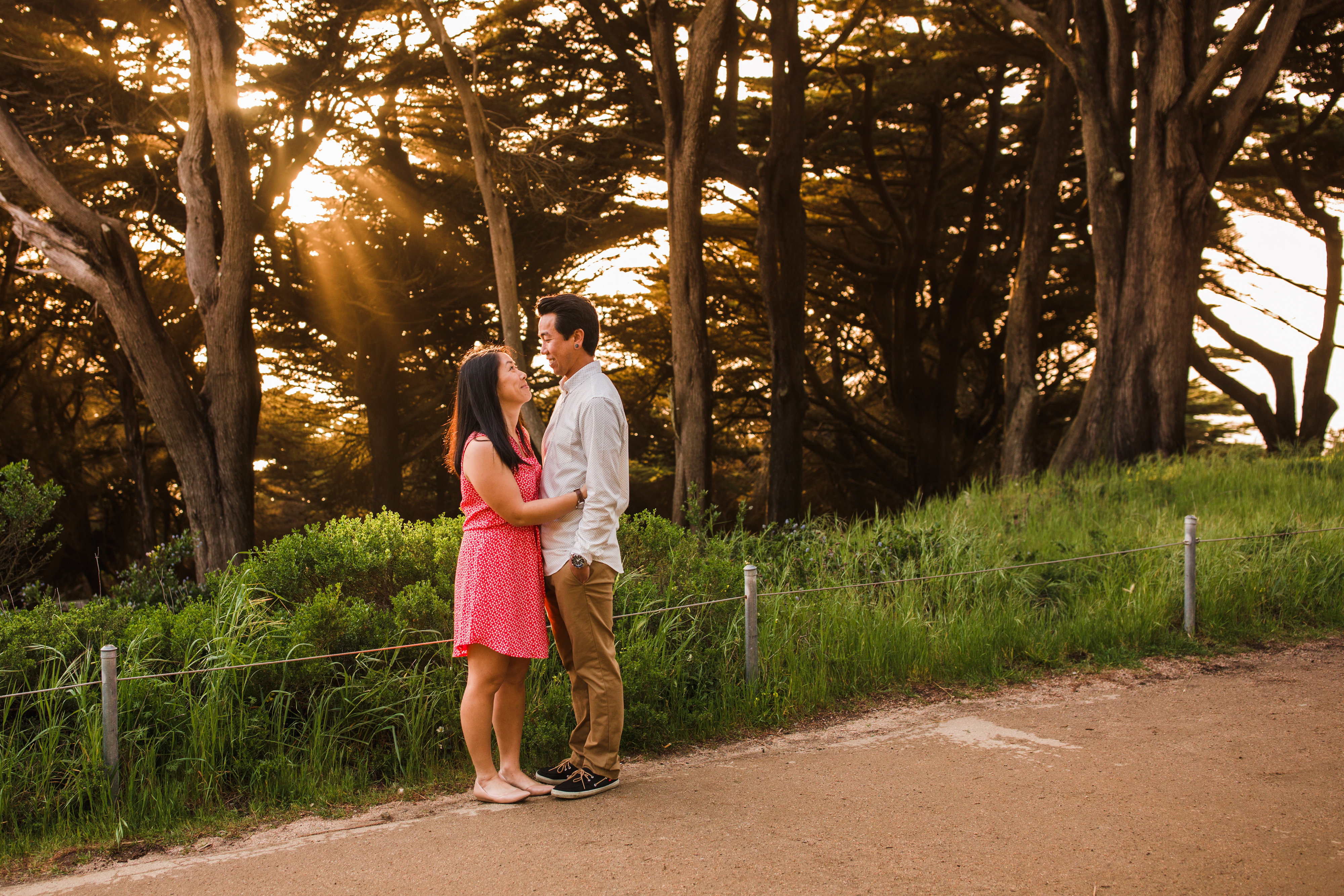 Lands End Engagement Couple with God rays through trees