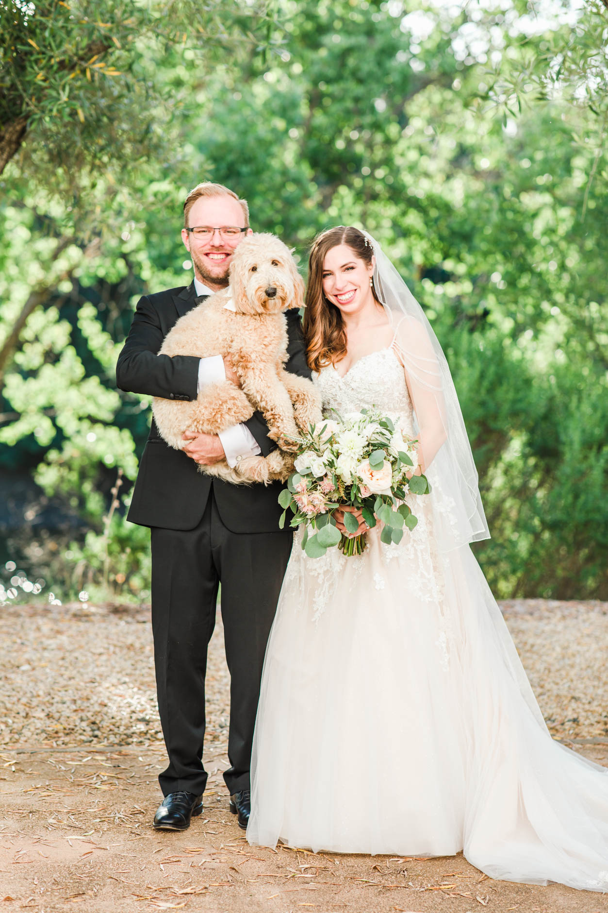 Bride and Groom of CIA Copia Wedding with mini goldendoodle dog