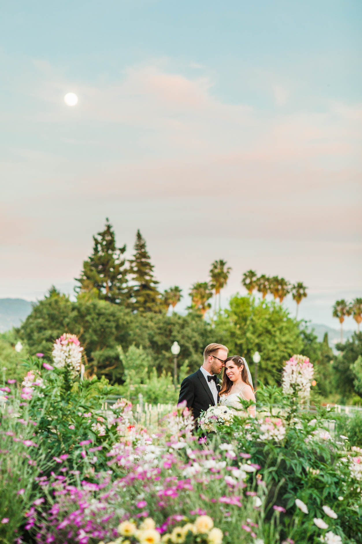 Bride and Groom in the garden at CIA at Copia at sunset under the clouds and moon