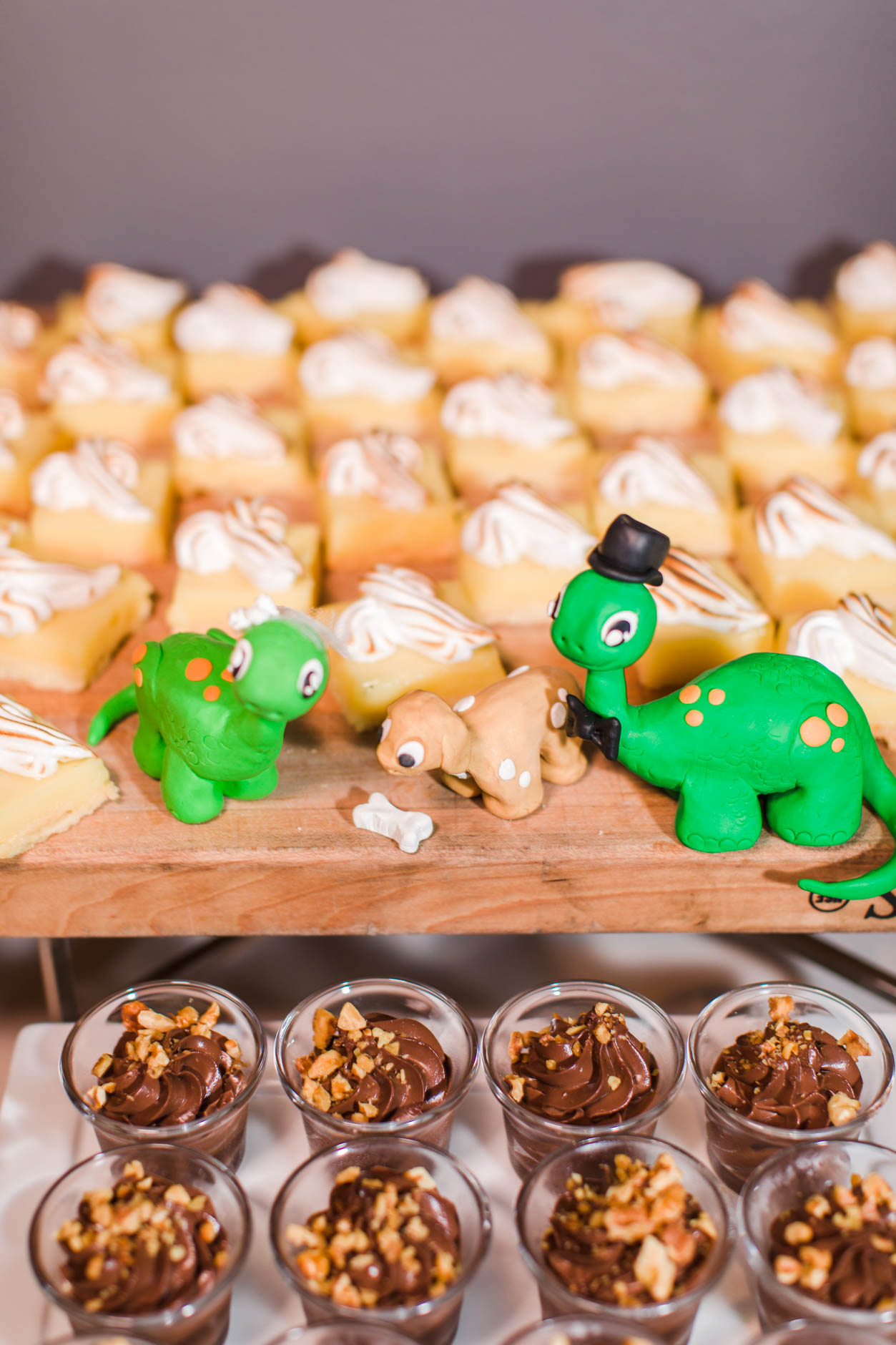 DIY dinosaur bride and groom and pup dessert toppers made of polymer clay