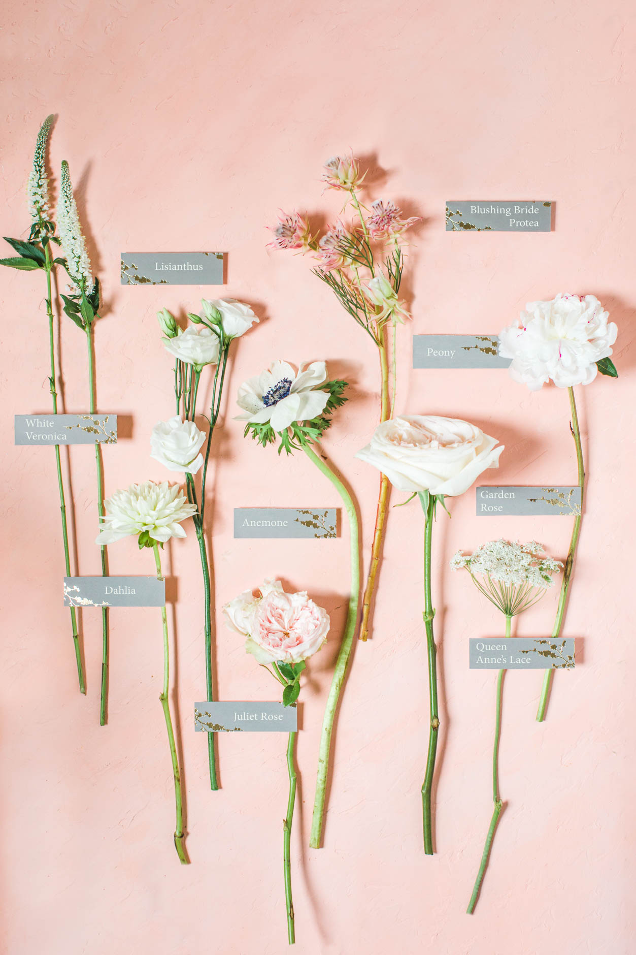 Bouquet Recipe Flat Lay of white and blush bridal bouquet