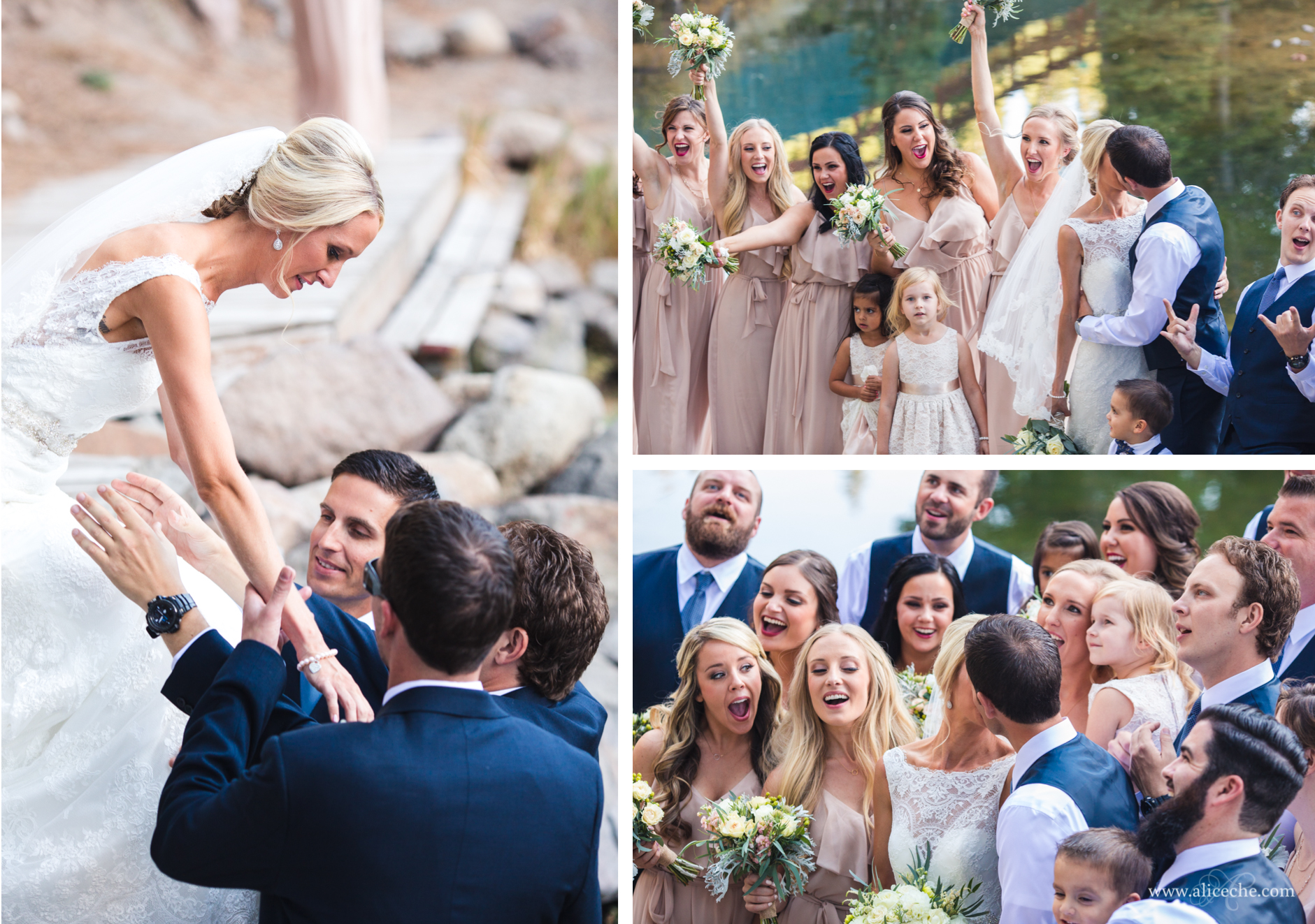 lake-tahoe-wedding-bride-helped-by-groomsmen-kiss