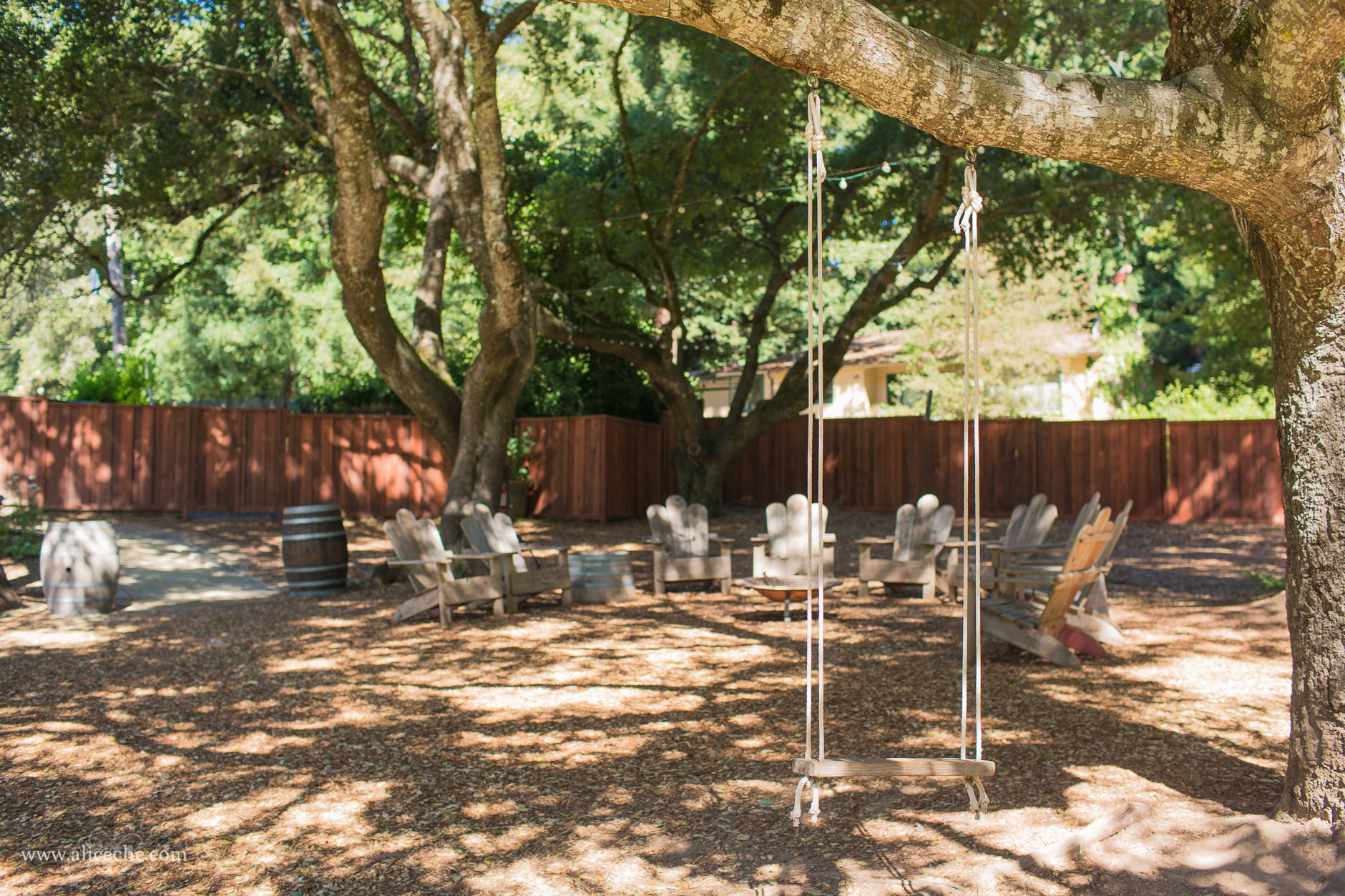 Woodside Wedding Venue San Francisco Bay Area Chairs and Swing under Oak Trees