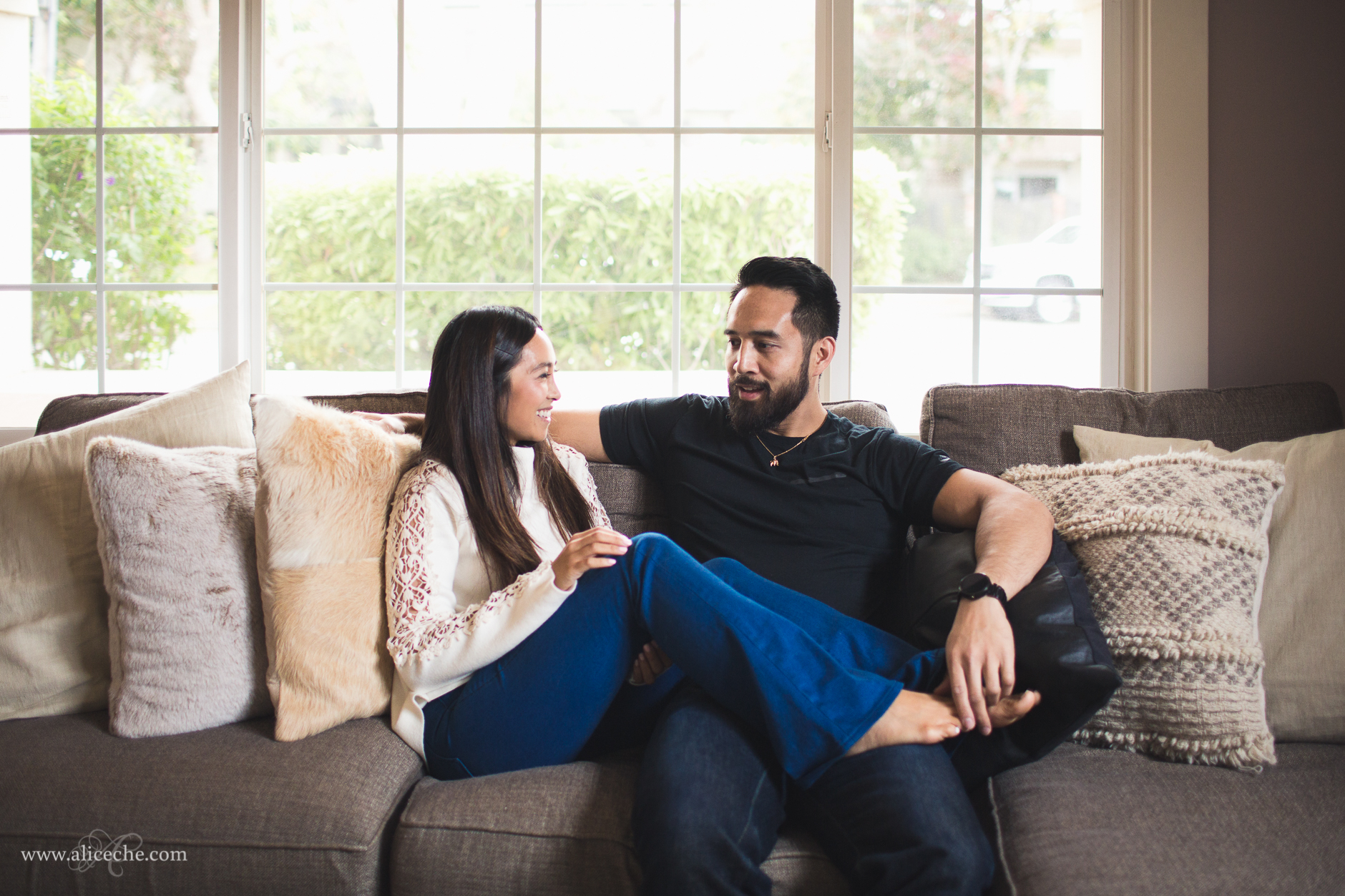 san francisco intimate at home engagement couple on couch