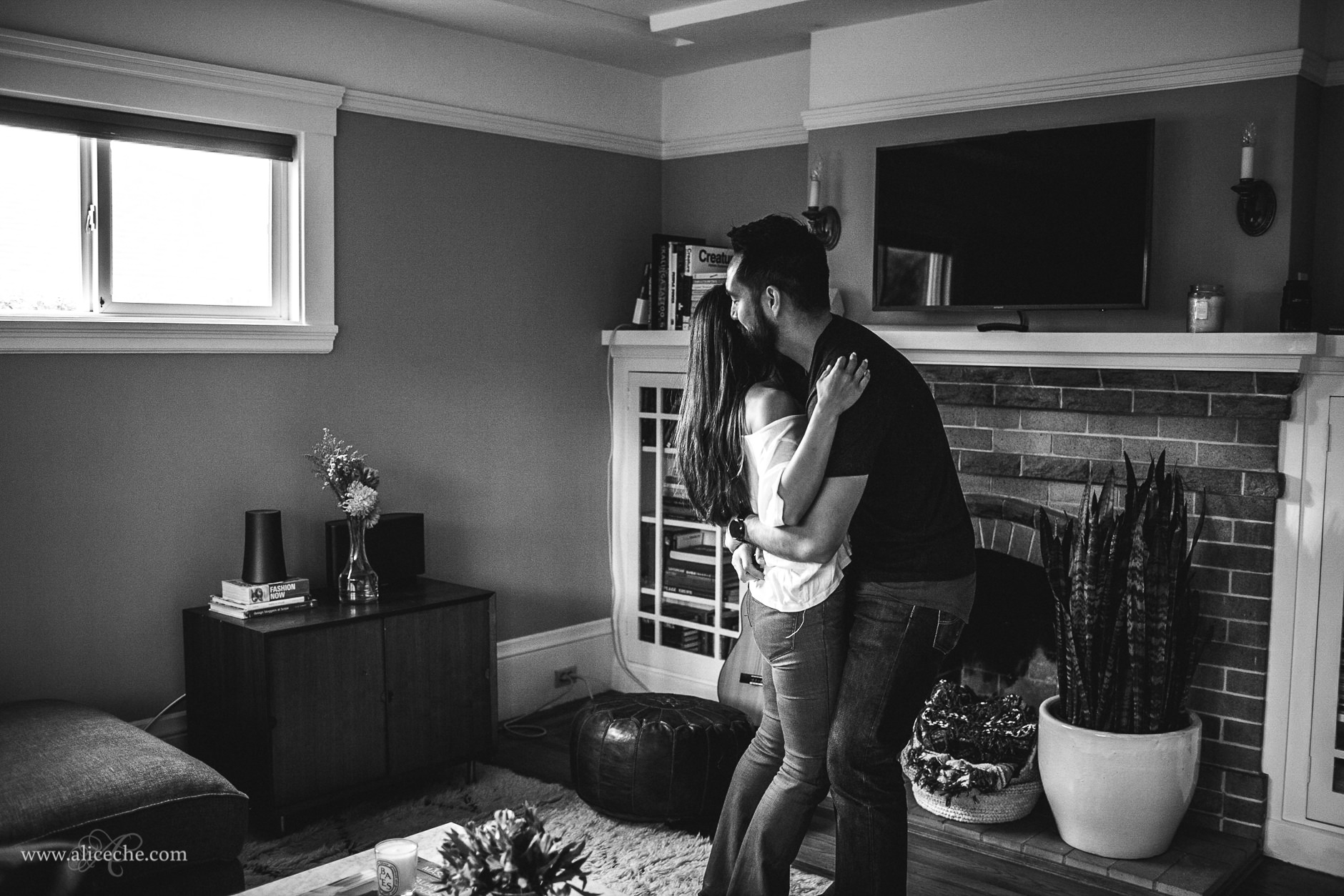 San Carlos In Home Engagement Session Couple Dancing in Living Room