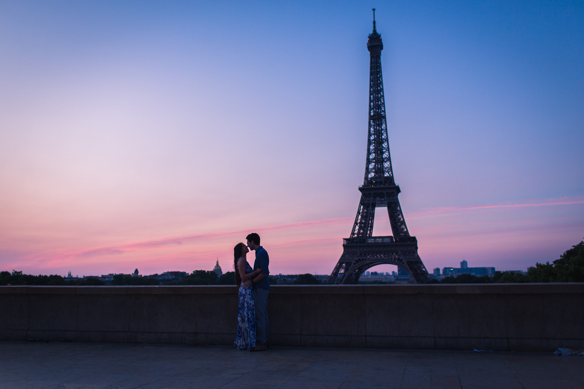 Sunrise in Paris at Trocadero Couple About to Kiss in front of Eiffel Tower Destination Wedding Photographer