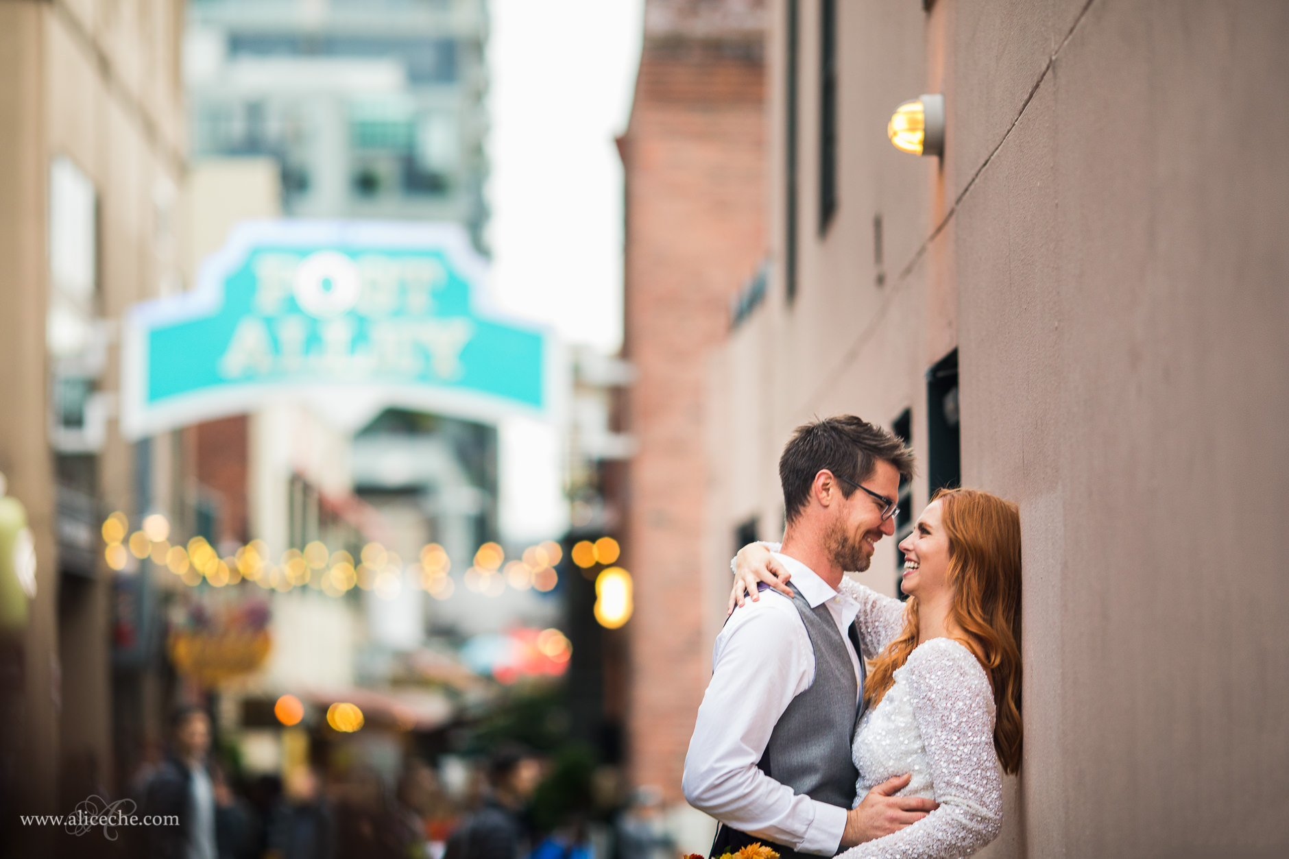Downtown Seattle Styled Shoot Bride and Groom in Post Alley